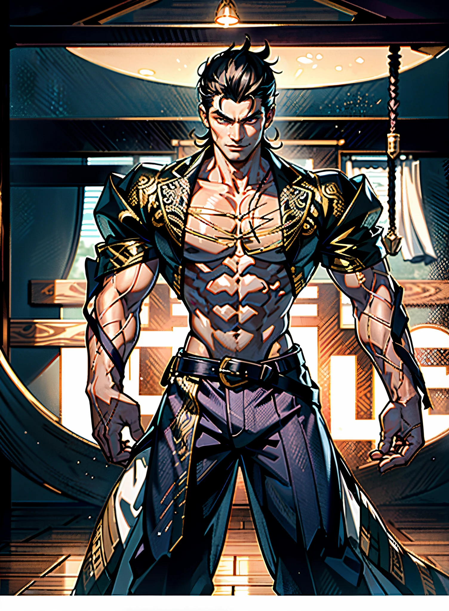 A young man, dense black-gold long hair, standing tall with upright hair, a majestic countenance, confident gaze, a scar under the eyes, a hearty smile, a fantasy-realistic tattered half-length martial arts outfit, short-sleeved, open-front robe revealing muscular physique, a coarse cloth belt around his waist, coarse trousers, towering and robust figure, he stands proudly, a glowing dark purple energy aura, the background depicts a black-and-white sky forming a yin-yang symbol, this character embodies a finely crafted fantasy-realistic martial artist in anime style, characterized by an exquisite and mature manga illustration art style, high definition, best quality, highres, ultra-detailed, ultra-fine painting, extremely delicate, professional, anatomically correct, symmetrical face, extremely detailed eyes and face, high quality eyes, creativity, RAW photo, UHD, 8k, Natural light, cinematic lighting, masterpiece-anatomy-perfect, masterpiece:1.5