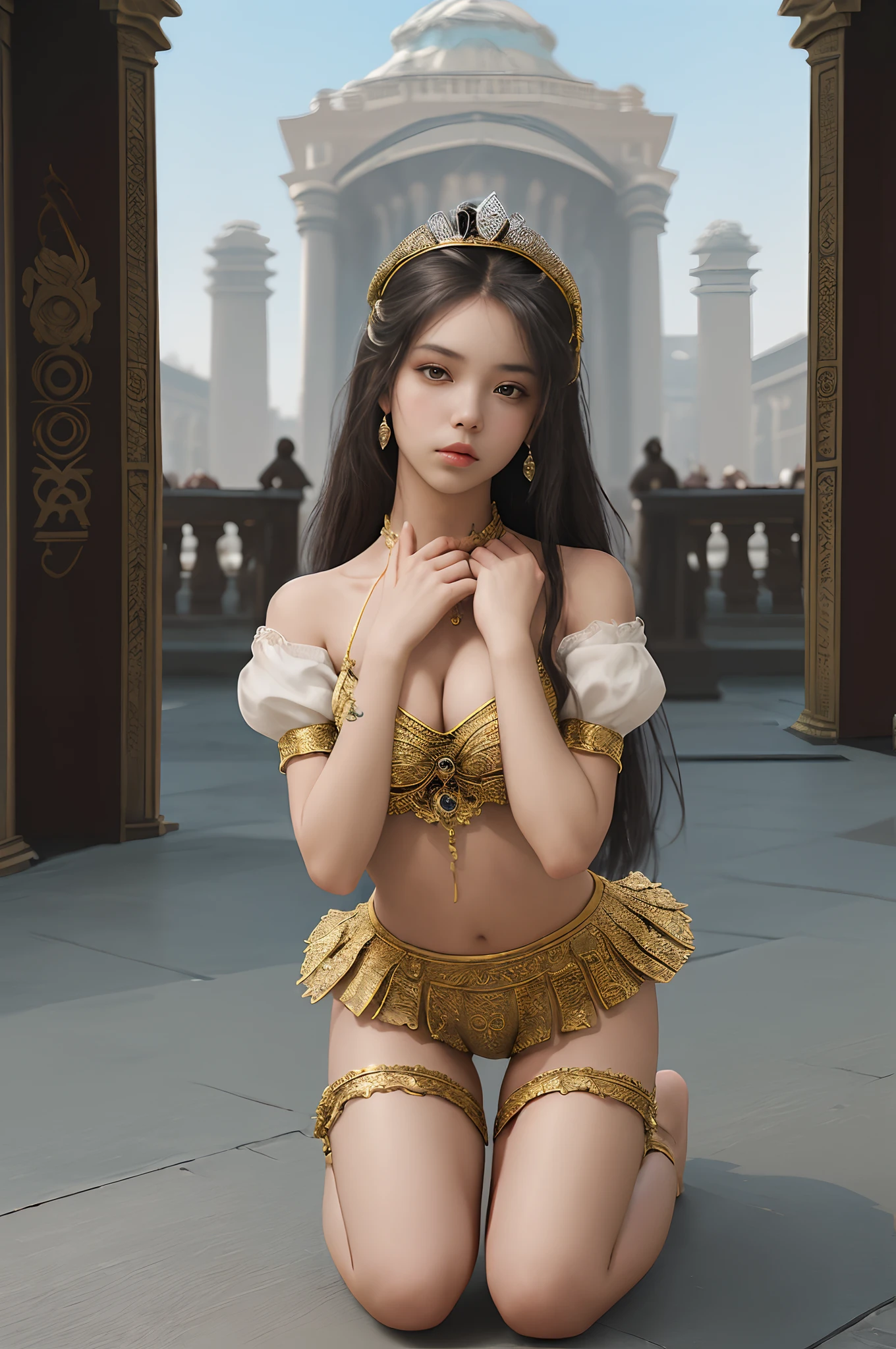 a harem slavegirl,model shot,detailed face,kneeling,palace background,