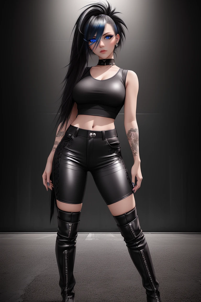 beautiful girl, ((standing:1.4)), (confident gaze:1.1), full body, short bright neon streaked black hair, ((realistic highly detailed eyes:1.4)), ((seductive pose:1.2)), black eyeshadow, (street style wear:1.2), ((tight fitted pants)), ((knee high leather boots)), ((dark plain black background:1.4)), dark makeup, digital art, trending on artstation, highly detailed, fine detail, intricate, detailed facial features, sharp focus, smooth, aesthetic,