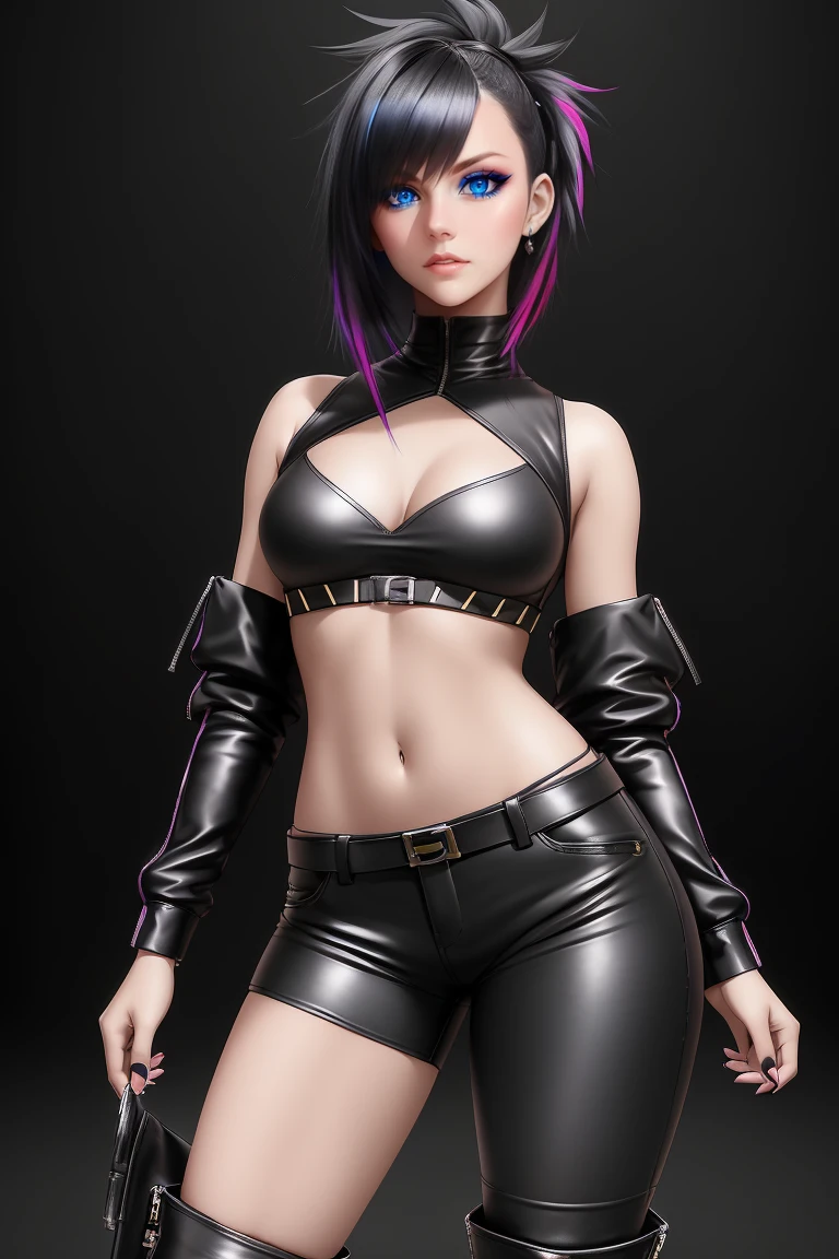 beautiful girl, ((standing:1.4)), (confident gaze:1.1), full body, short bright neon streaked black hair, ((realistic highly detailed eyes:1.4)), ((seductive pose:1.2)), black eyeshadow, (street style wear:1.2), ((tight fitted pants)), ((knee high leather boots)), ((dark plain black background:1.4)), dark makeup, digital art, trending on artstation, highly detailed, fine detail, intricate, detailed facial features, sharp focus, smooth, aesthetic,