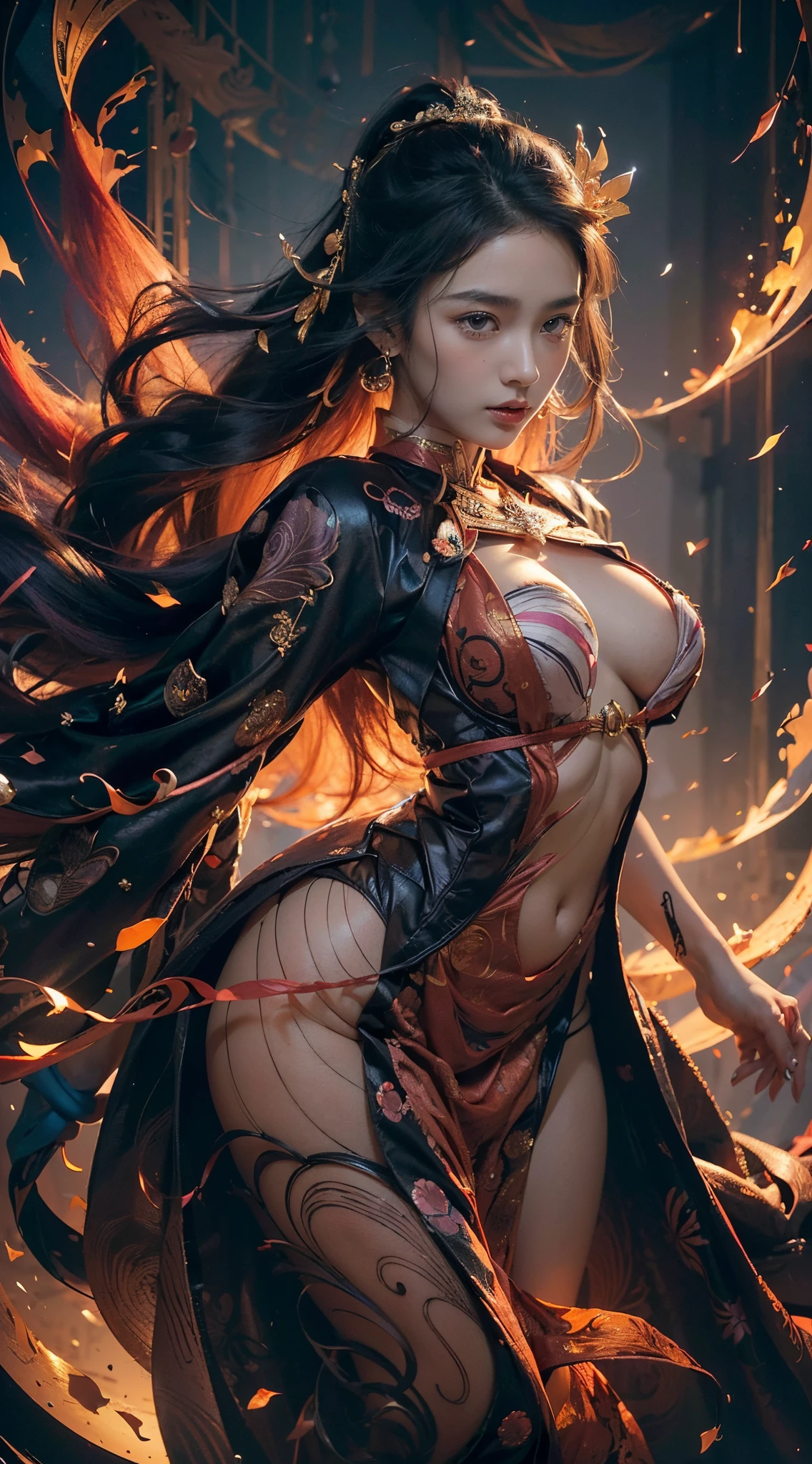 (Numerous award-winning masterpieces, with incredible details), ((Extremely beautifull young girl's small face)), (extremely detailed realistic 16 yearsatures), (16 years girl's faceiful eyes), ((finely detailed true circle Symmetrical grey purple eyes)), (She has a meloncholic face), (A majestic sight), (very long dark black hair that faids to dark orange: 1.7), (dark pink fantasy celestial outfit decorated with gold and japanese jewelry: 1.7), gracefull sight, dark pink colored hair accesory, soft expression, deep eyes expression, (big brests: 1.8), anatomic, small wraist with big hips, sexy