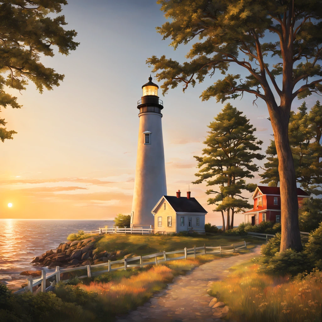 lighthouse on a cape in a small township in the northern united states, modern days, summer, warm sunset, soft light of the evening sun, setting sun, sea, trees, realistic, cinematic, soft colors, ultra quality, hyper realistic, super detailed