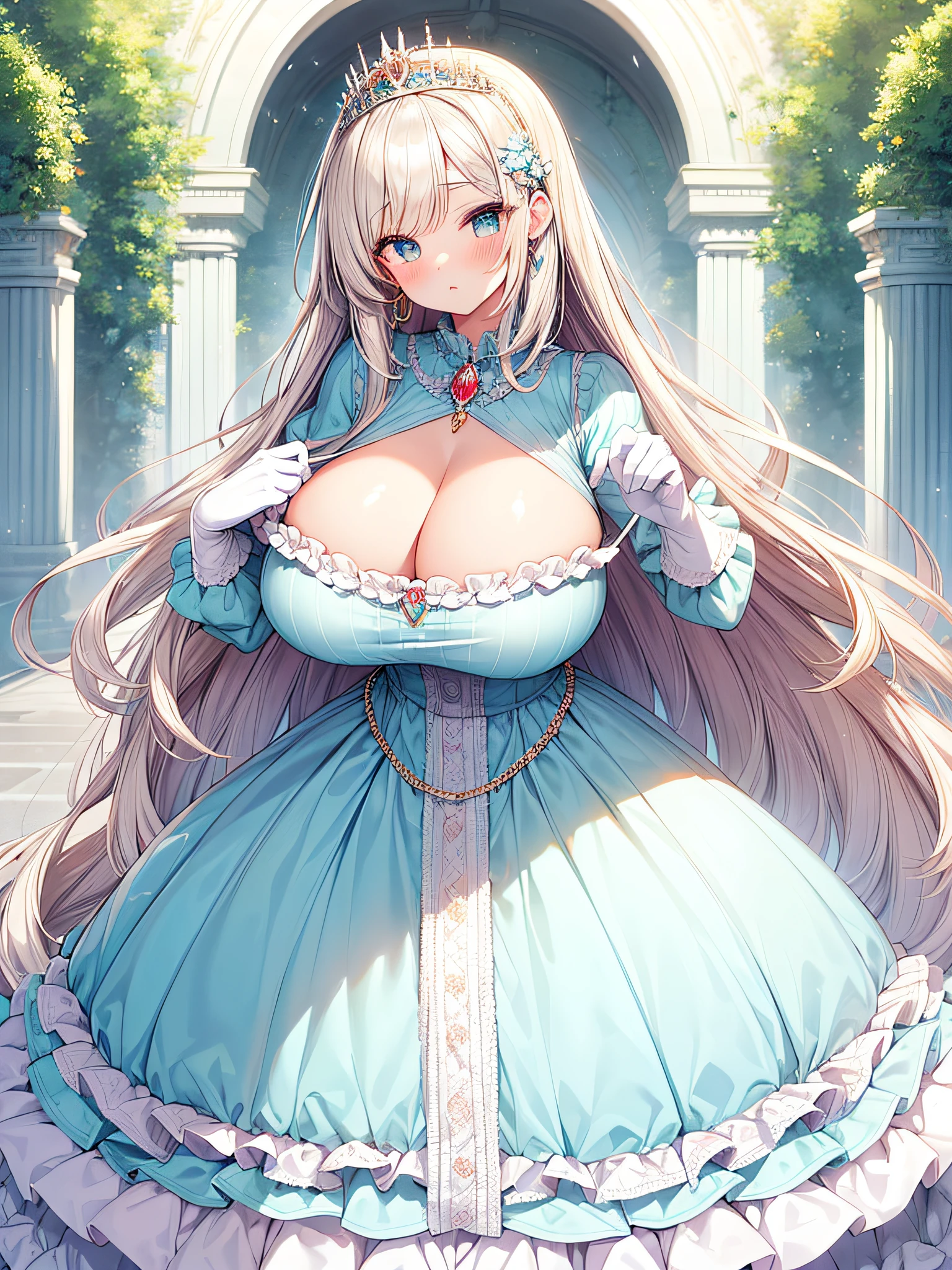 anime artstyle,Masterpiece,(Best Quality), (Super Detail),(Very Delicate and Beautiful),(Solo),((full body portrait)),full body,full body portrait,(detailed face and eyes),jewel-like beautiful eyes,((1 princess in a beautiful embroidery and jeweled gorgeous frilled ballgown with voluminous frilled full length hoop skirt)),((fantasy castle,outdoors,outside the castle)),((Crinoline)),super detailed gorgeous princess ballgown with frilled voluminous full length hoop skirt,((large amount of straight hair,extremely voluminous Very Long straight Hair,Absolutely Long Straight Hair)),(gigantic boobs),cleavage,long_gloves,extremely gorgeousfull hair ornament,bling-bling extremely gorgeousfull jeweled tiara,((luxurious jewelry)),full body portrait