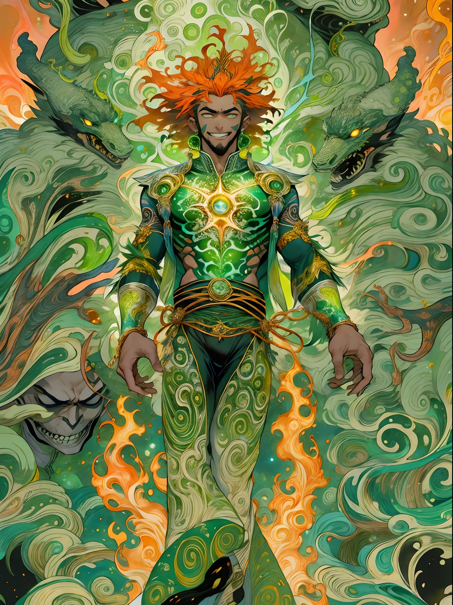 un primer plano de un hombre con fuego verde en la cabeza y torso, humano resplandeciente, Como se ilustra en Top Cow Comics, Brillando en poder, Sosteniendo fuego verde, Hoja de alma verde brillante,esqueleto,esqueleto humano,huesesos,deretirse,nuclear,(1hombre)
