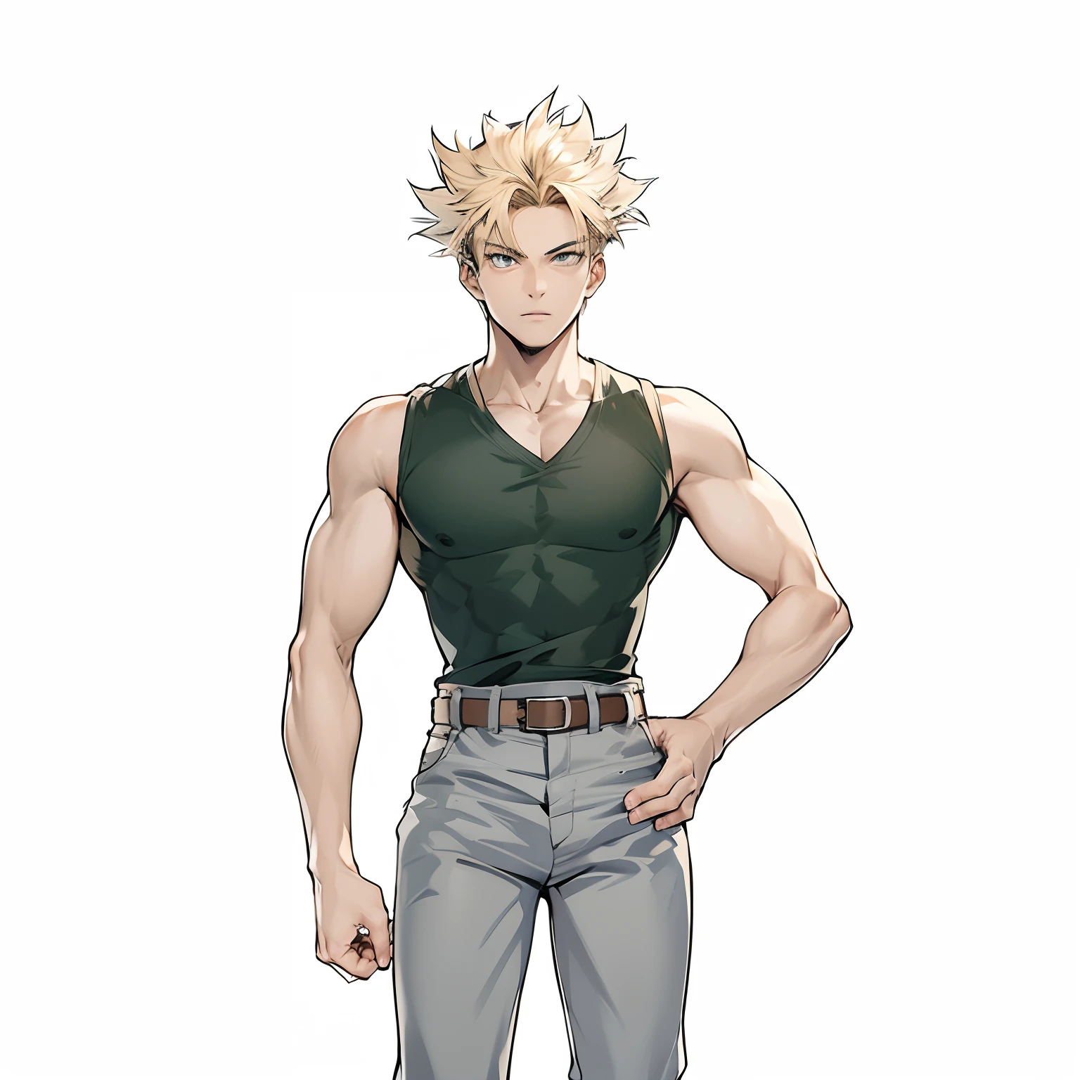 Young boy, blond hair, black shirt, bluenpants, 4k, detailed body, muscular, masterpiece, 2d character