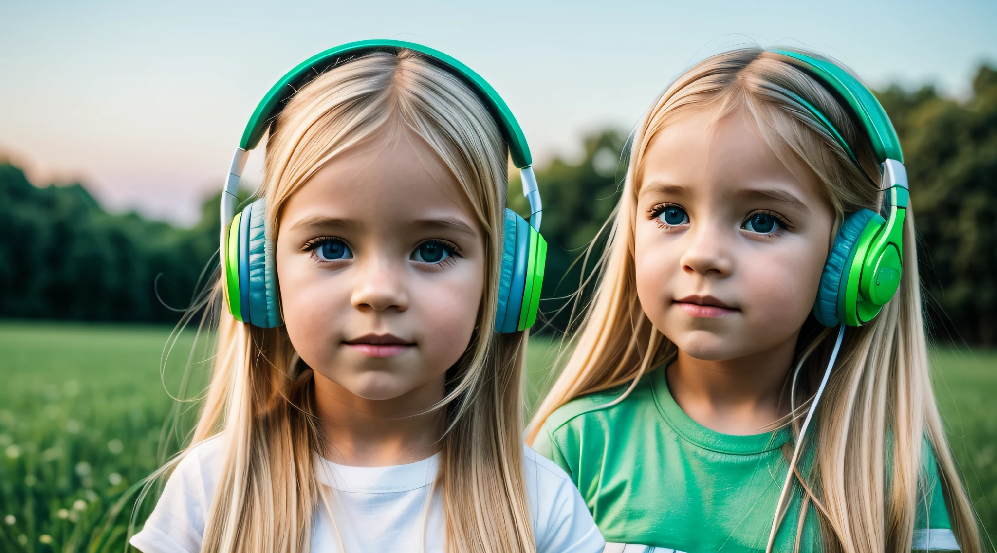 image of a CHILD girl BLONDE long hair with headphones ice and GREEN , lua, moon, moon, GREEN, VERDE.