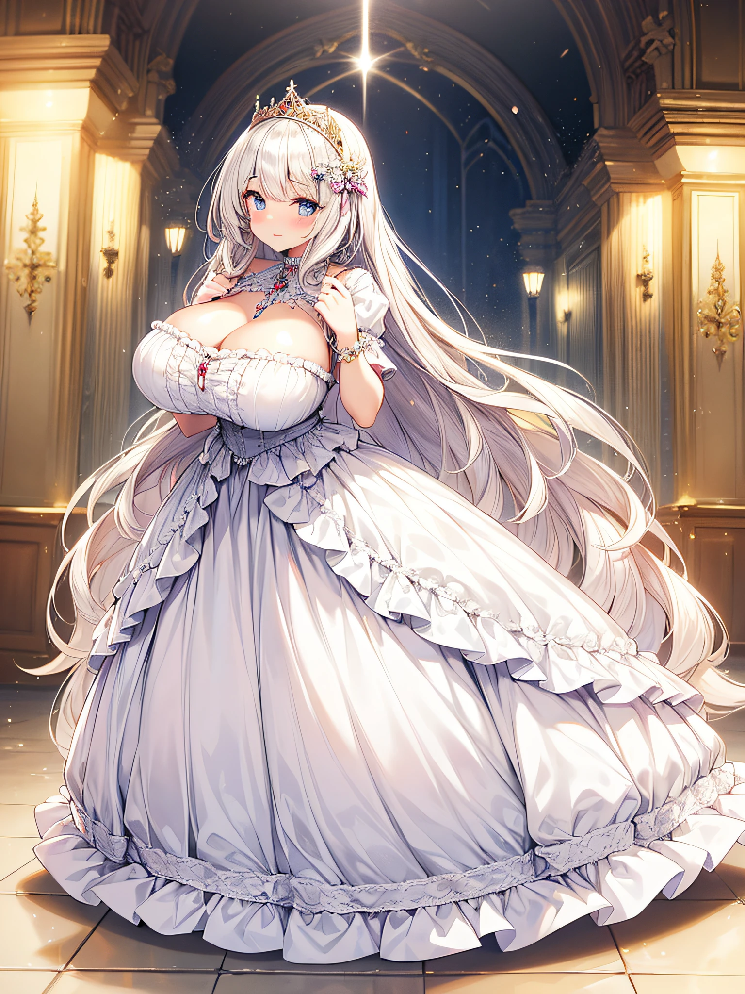 anime artstyle,Masterpiece,(Best Quality), (Super Detail),(Very Delicate and Beautiful),(Solo),((full body portrait)),full body,full body portrait,(detailed face and eyes),jewel-like beautiful eyes,((1 princess in a beautiful embroidery and jeweled gorgeous frilled ballgown with voluminous frilled full length hoop skirt)),((fantasy castle,outdoors,outside the castle)),((Crinoline)),super detailed gorgeous princess ballgown with frilled voluminous full length hoop skirt,((large amount of straight hair,extremely voluminous Very Long straight Hair,Absolutely Long Straight Hair)),(gigantic boobs),cleavage,long_gloves,extremely gorgeousfull hair ornament,bling-bling extremely gorgeousfull jeweled tiara,((luxurious jewelry)),full body portrait