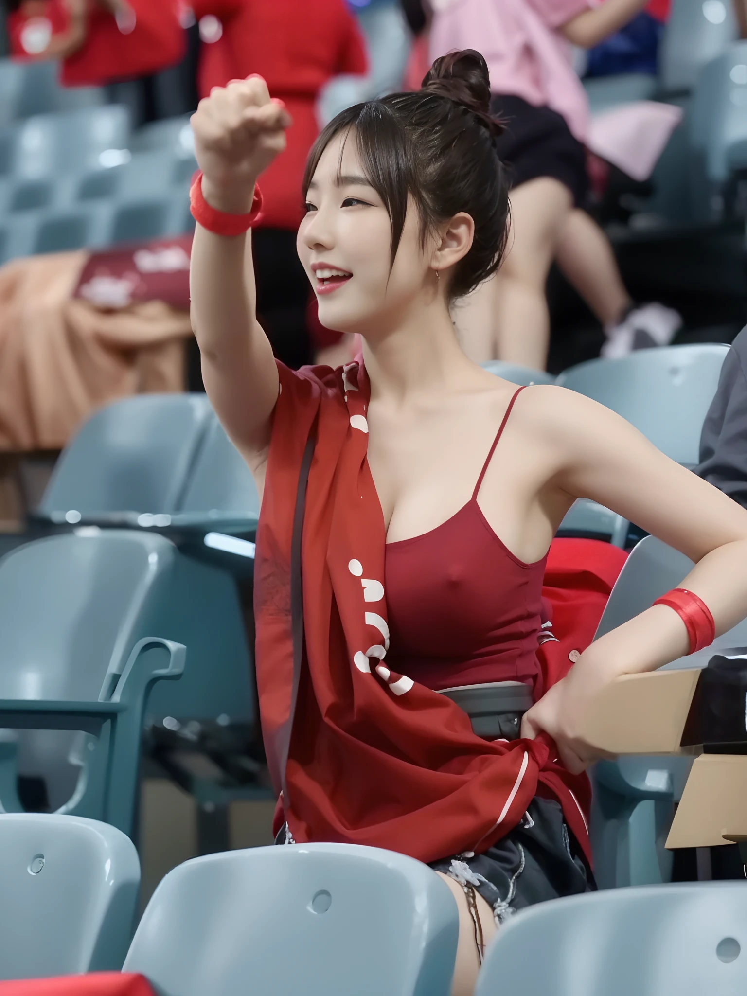 Araf woman in red shirt sitting with fans in stadium, Ziyu was born twice, sun yunjoo, Red cloth wrapped around shoulders, beautiful Korean women, 韓国アイドル, Bae Xiuzhi, her navel exposed, korean woman, wearing red clothes, wearing red clothes, she expressing joy, she is smiling and excited, sneak shot, Nam Jae-yeon
