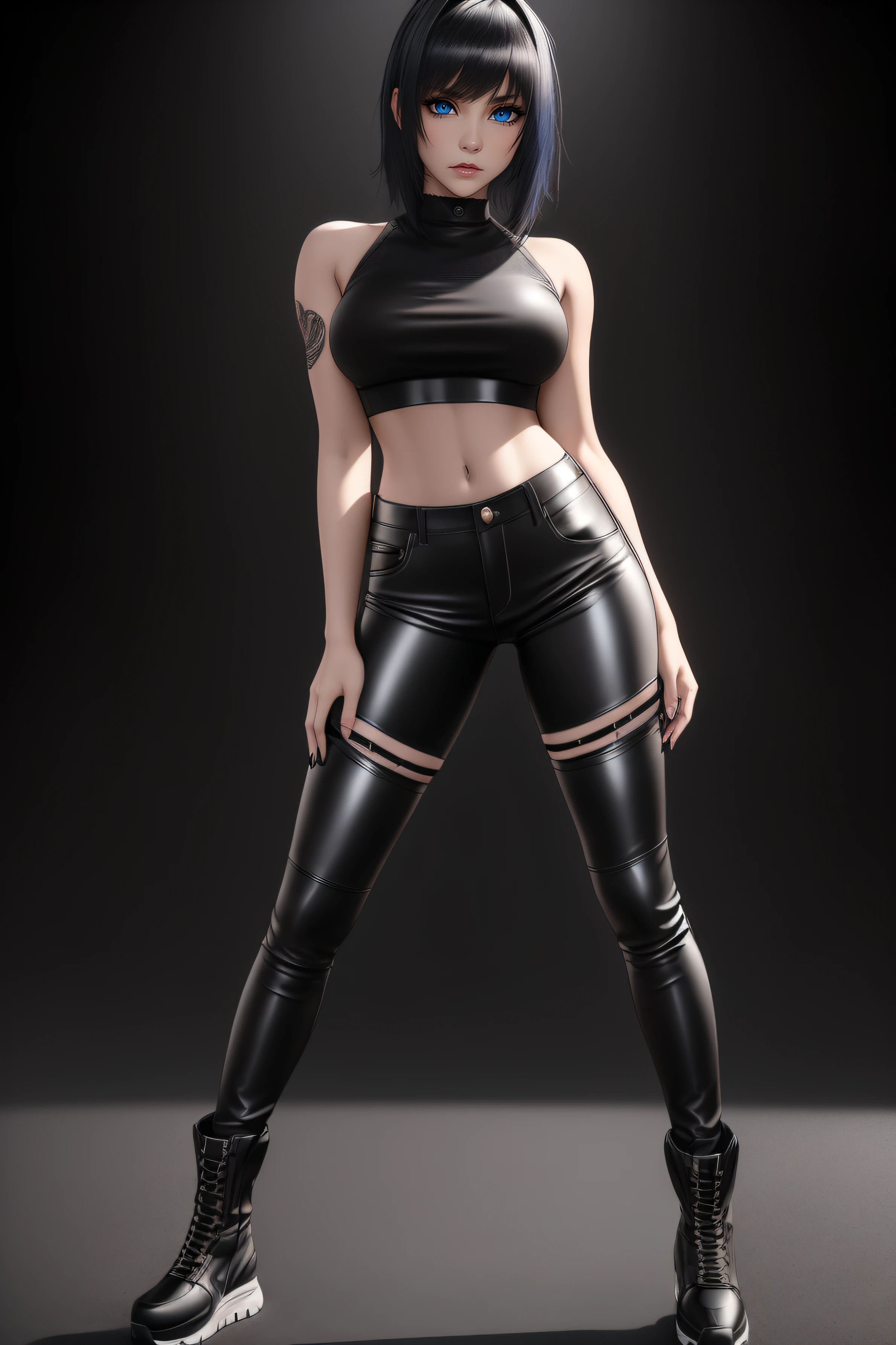 beautiful girl, ((standing:1.4)), (confident gaze:1.1), full body, short bright neon streaked black hair, ((realistic highly detailed eyes:1.4)), ((seductive pose:1.2)), black eyeshadow, (street style wear:1.2), ((tight fitted pants)), ((knee high leather boots)), ((dark plain black background:1.4)), dark makeup, digital art, trending on artstation, highly detailed, fine detail, intricate, detailed facial features, sharp focus, smooth, aesthetic,