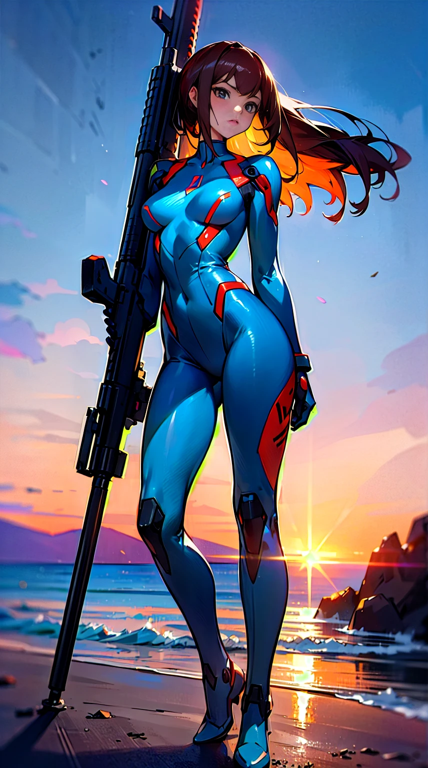 An Extremely Photorealistic Full Body View Of Gorgeous Zero-Suit Samus From The Game Super Smash Brothers With Awesome Multicolored Dark Hair, Her Zero-Suit Is Dark Grey And She Is Holding An Oversized Futuristic Sniper Rifle While Posing On The Beach At Night Under The Neon Moonlight, PhotoRealistic Background, fantastical, ethereal, atmospheric, DOF, vibrant lighting, hyper-realism, best quality, highly detailed,  resolution, 8k, DSLR, HDR, UHD, Fujifilm X3.