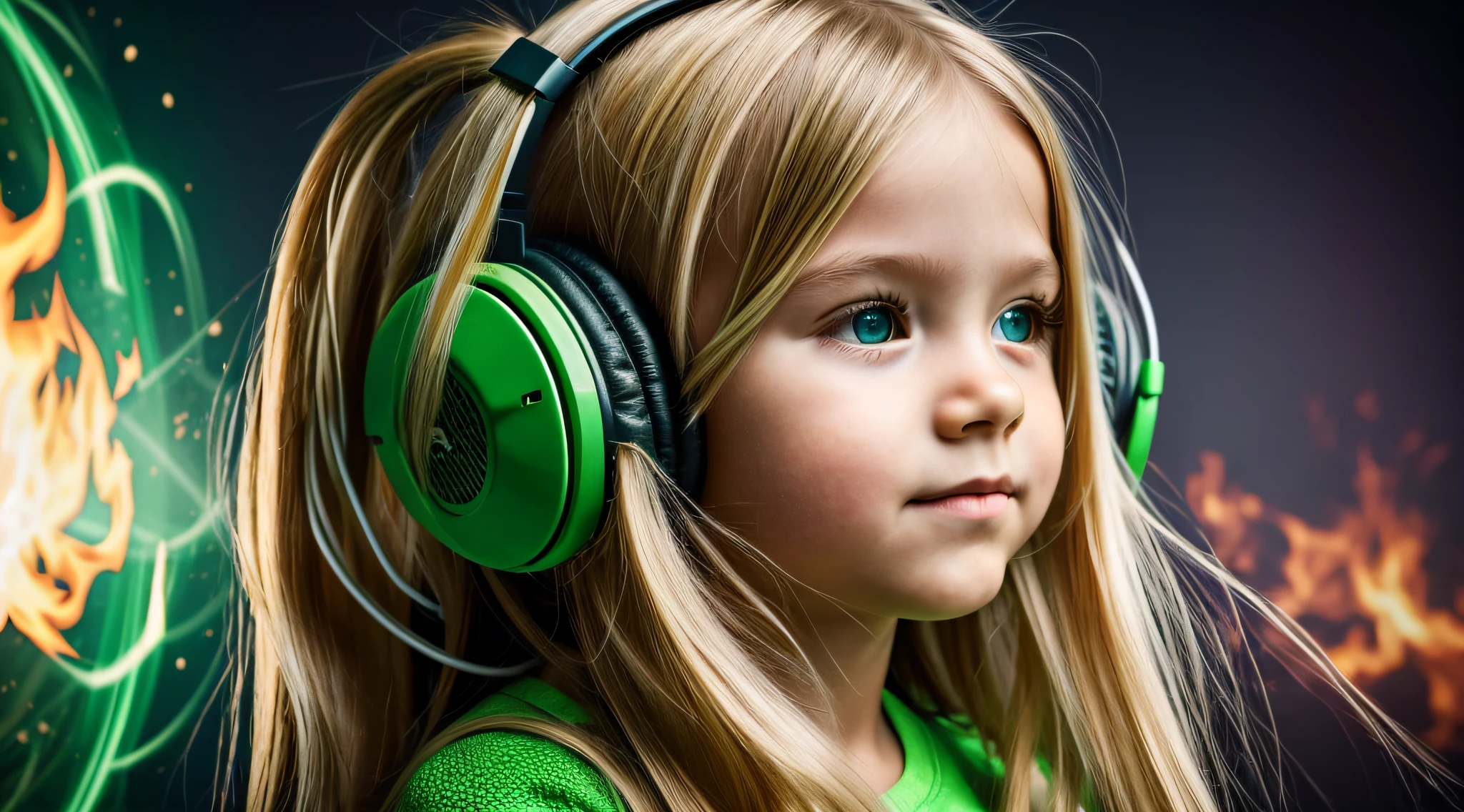 image of a CHILD girl BLONDE long hair with headphones and GREEN , nuclear explosion, fire GREEN, VERDE.