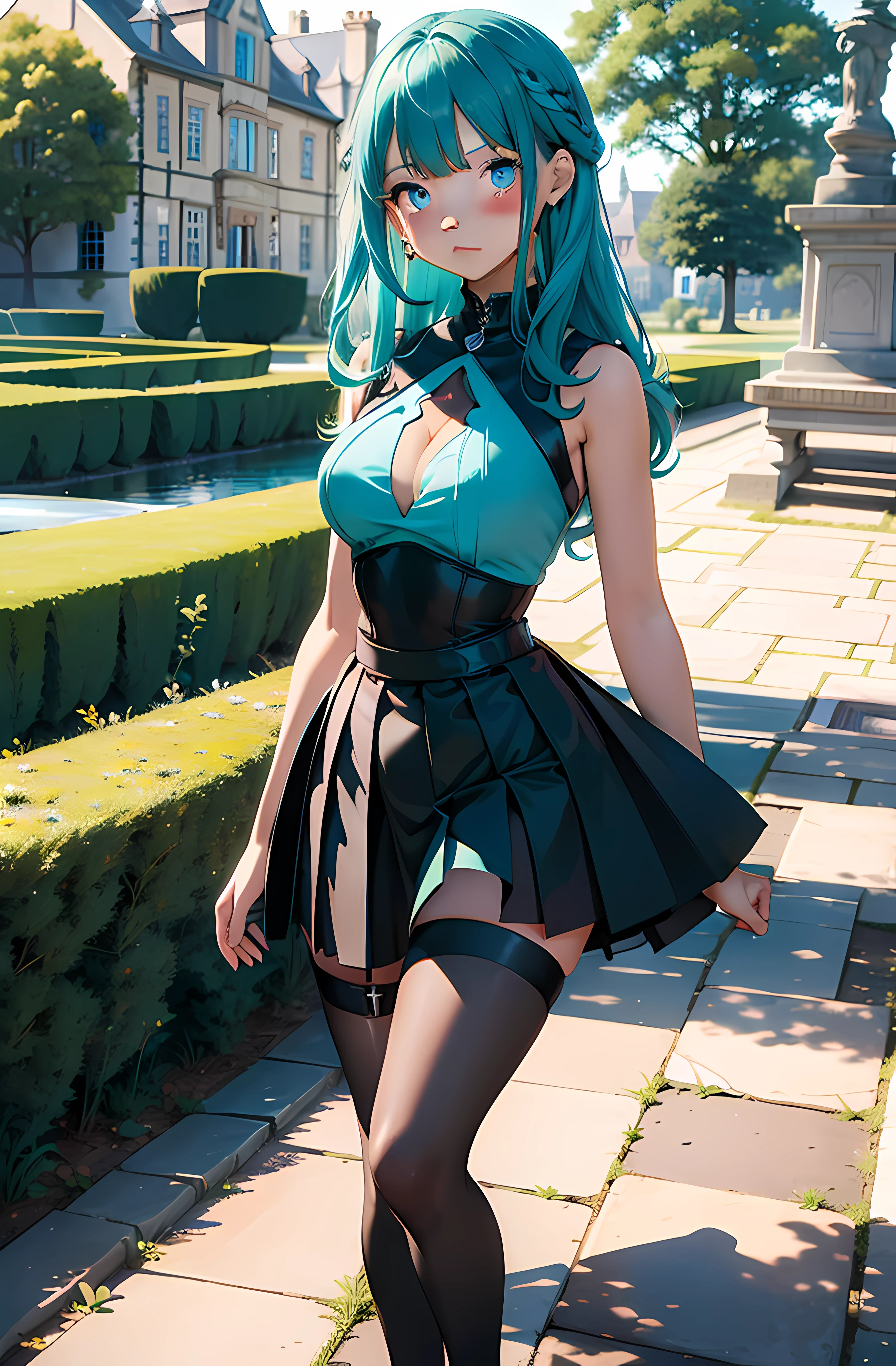 (Best quality), (masterpiece), (ultra detail), A cute girl, highly detailed face, indifferent facial expression, teal crystal eyes, turquoise hair, full body, in the country side castle in England like , BREAK black tights, ( one piece dress with short pleated skirt), (short skirt),  (hourglass figure)