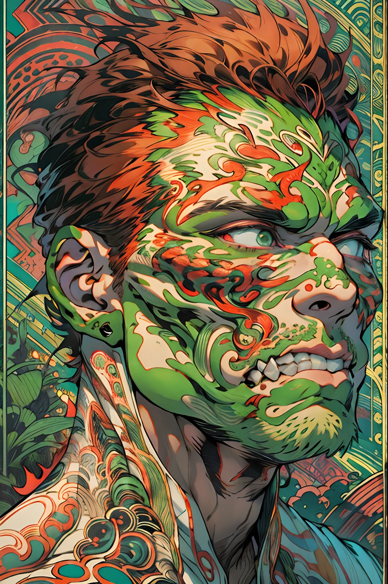 un primer plano de un hombre con fuego verde en la cabeza y torso, humano resplandeciente, Como se ilustra en Top Cow Comics, Brillando en poder, Sosteniendo fuego verde, Hoja de alma verde brillante,esqueleto,esqueleto humano,huesesos,deretirse,nuclear,(1hombre)