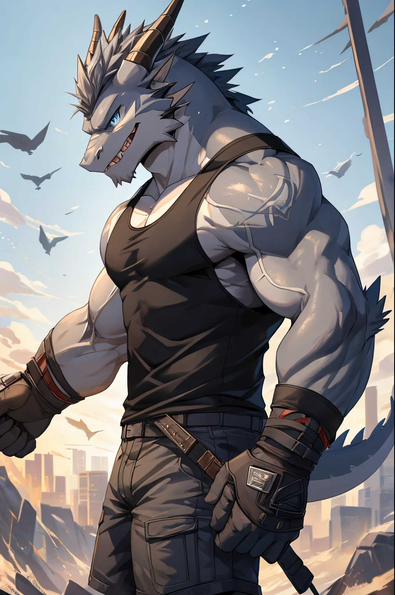 Masterpiece, Solo, Furry Gray Dragon, Adult, Blue Eyes, Gray Short Hair, Very Muscular Body, Muscle, Veins in the muscle, Good Looking, Handsome, Fierce, shirtless, Short Pants, Hot Pose