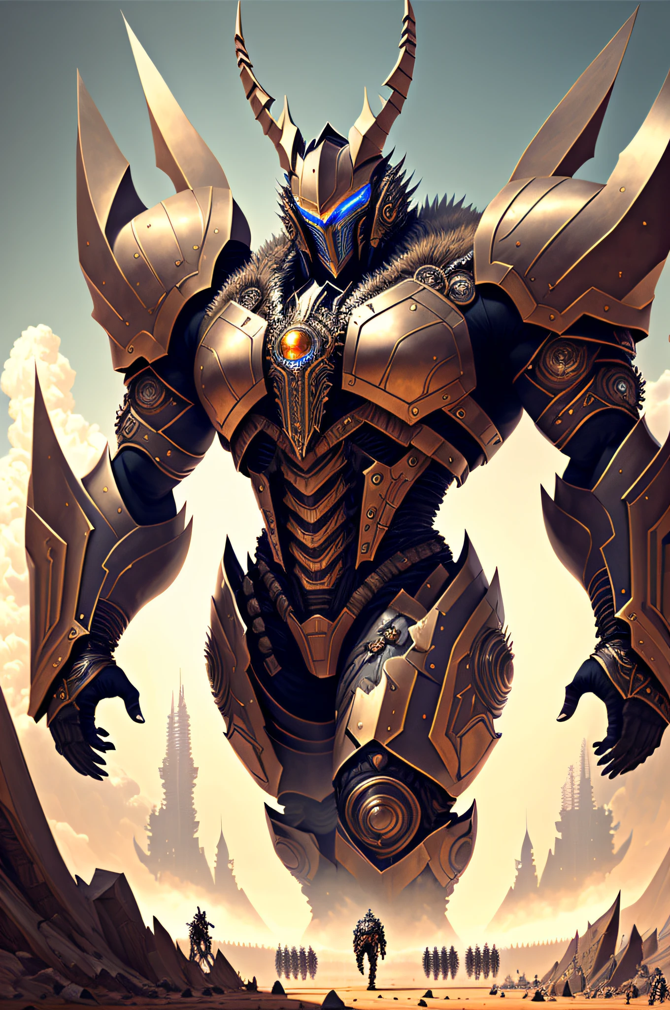 A man in stylish armor fights against the magnificent biomechanical giant titans., It's very detailed and textured. Il ya un décors futuriste et apocalyptique