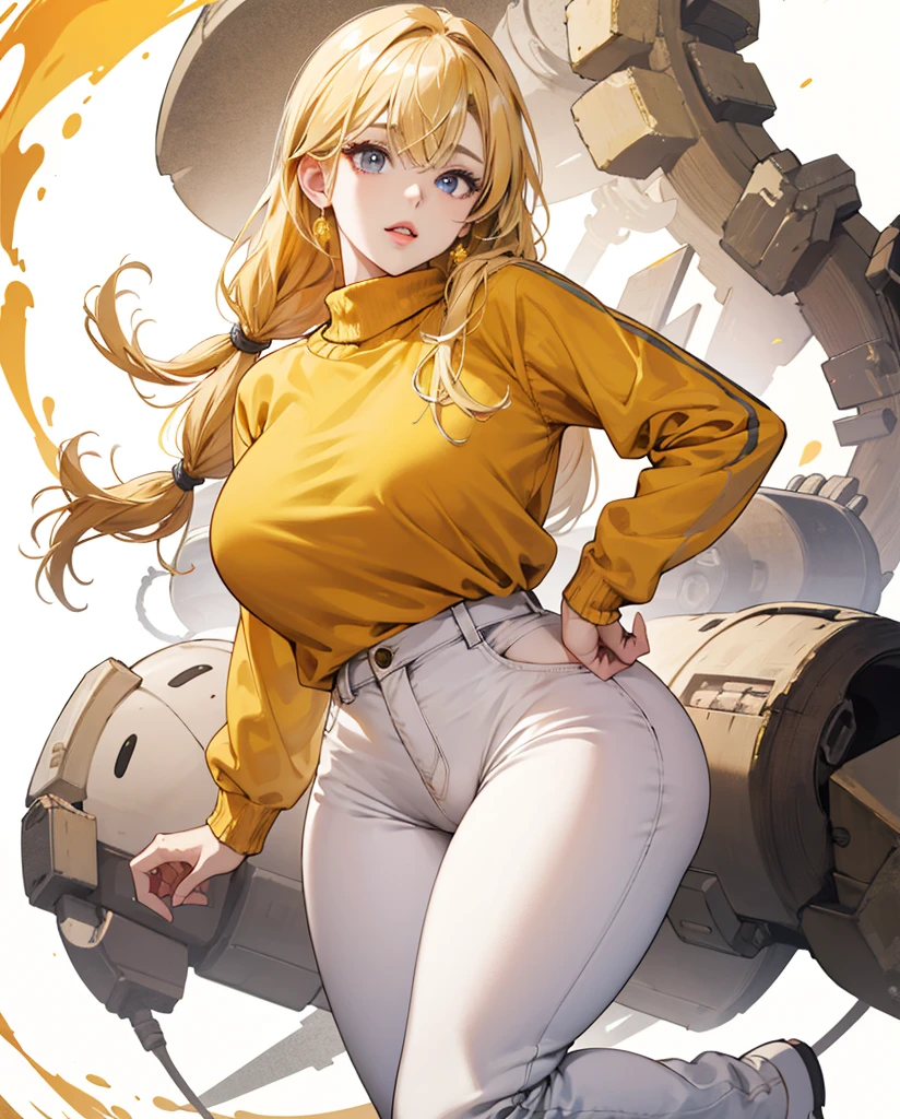 Chica anime rubia con 2 trenzas,ojos amarillos,yellow sweater and white pants with tender and wide giant buttocks