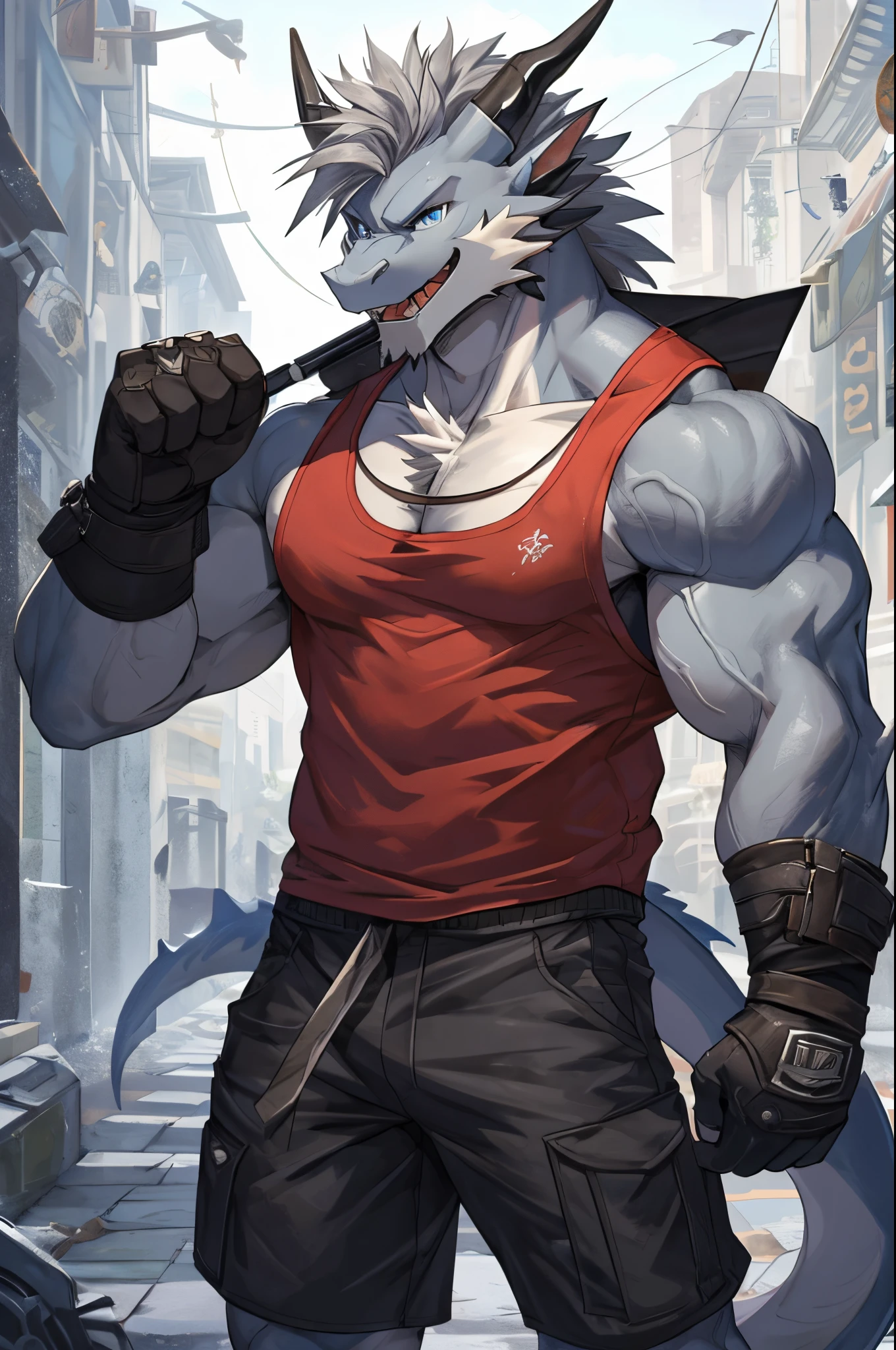 Masterpiece, Solo, Cool Pose, Furry Gray Dragon, Medium Muscular Body, Blue Eyes, Grey Medium Hair, Combat Tank Top, Combat Gloves, Combat Short Pants, Fierce, Manly, Veins, Charming, Joy Expression, Good looking