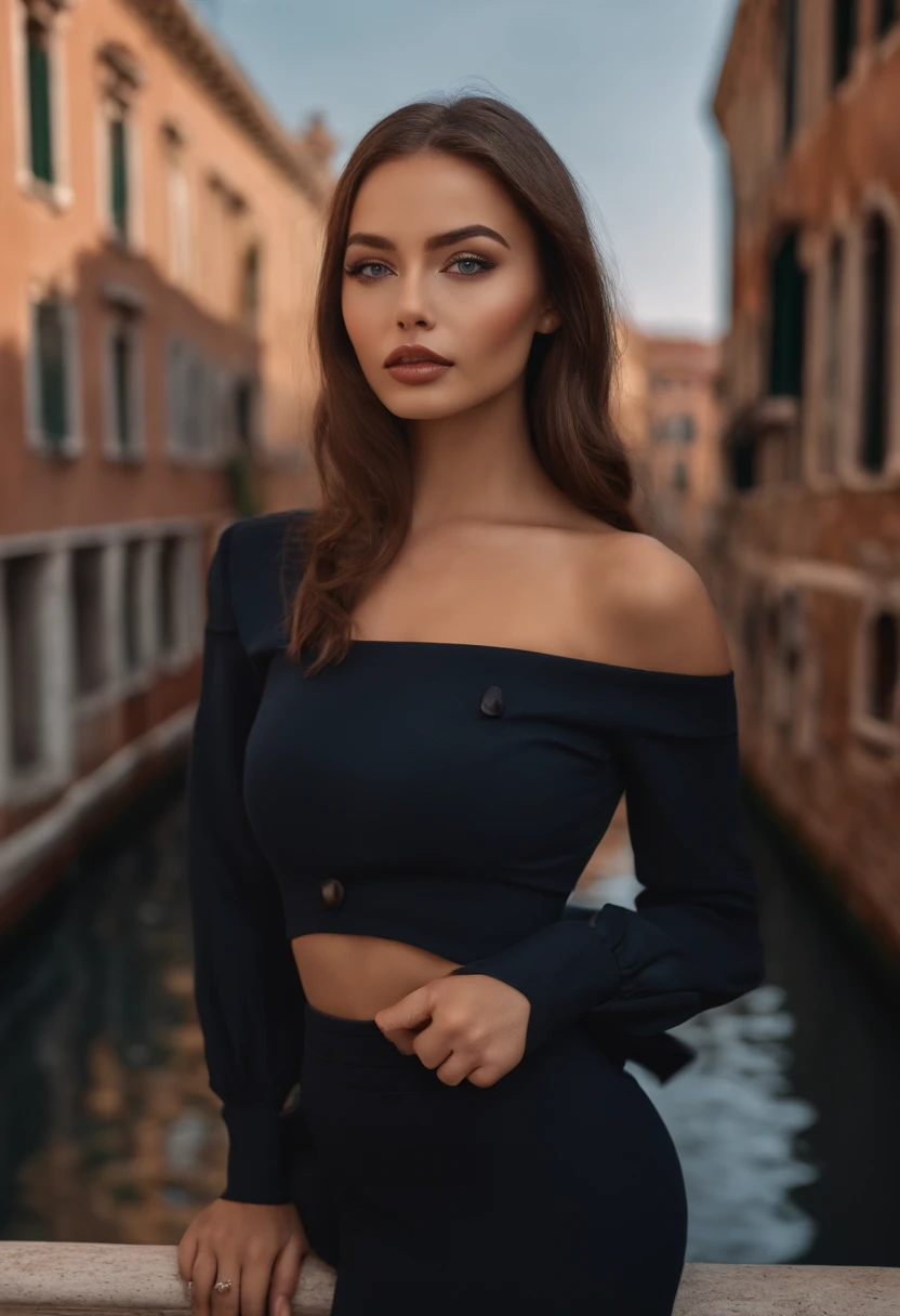 Latino and Swedish Woman, sexy girl with blue eyes, ultra realist, Meticulously detailed, Portrait Sophie Mudd, brown hair and big eyes, selfie of a young woman, Venice background, black suite, with makeup, natural makeup, looking straight at camera , Face with Artgram, Subtle makeup, Great photo of the whole body standing, in the room, Medium to large bust, in sexy outfit, standing on venice canal