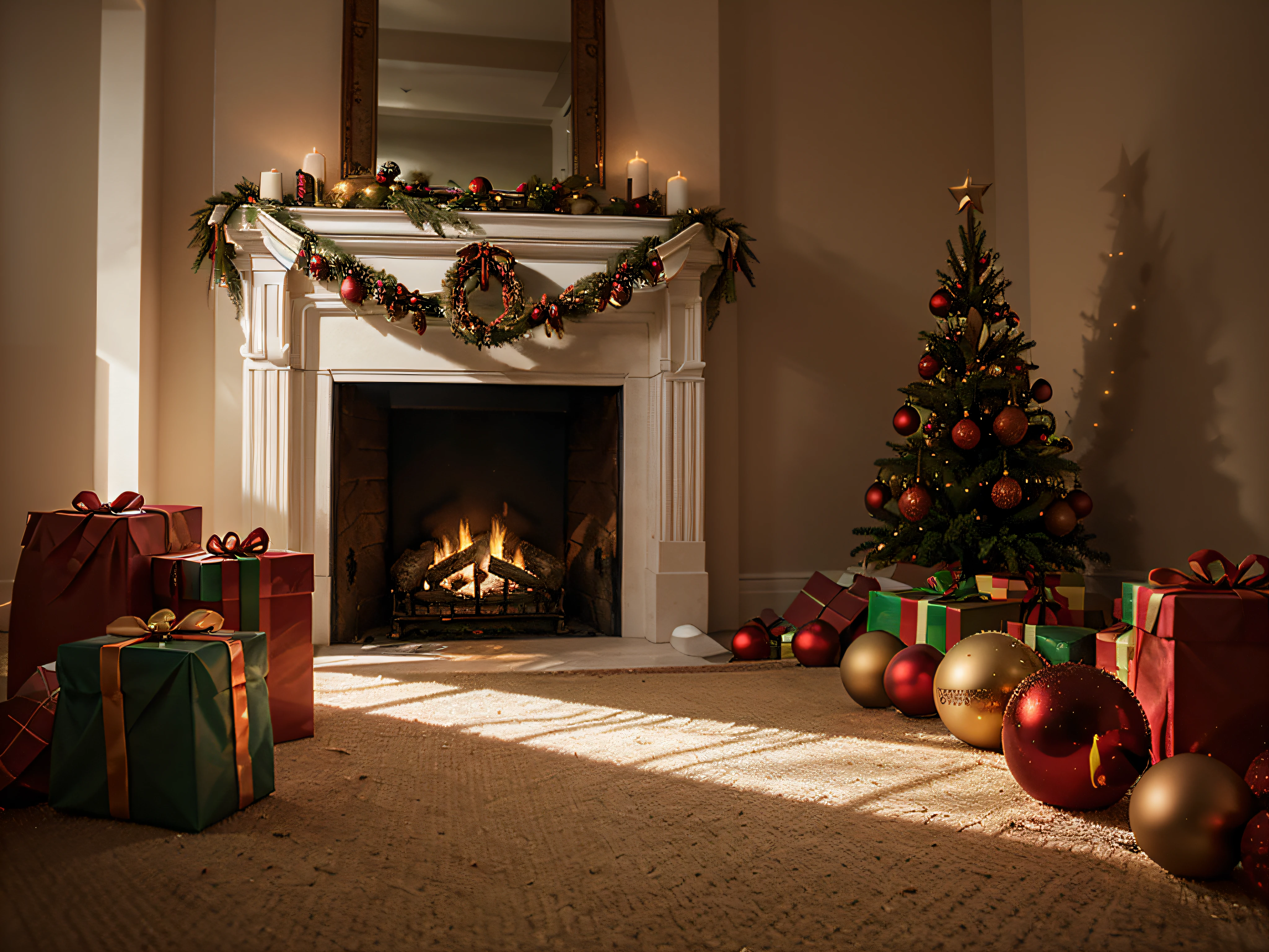 A background with Christmas decorations in the corners against a red surface.