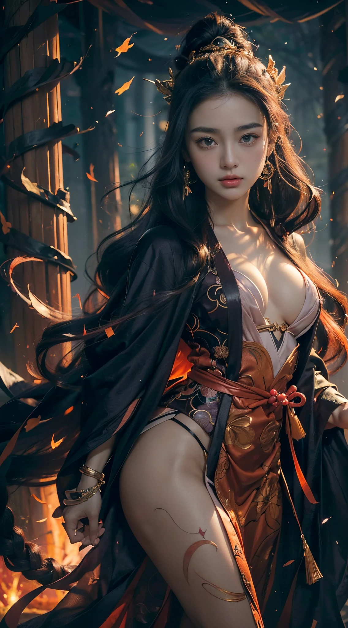 (Numerous award-winning masterpieces, with incredible details), ((Extremely beautifull 16 years young girl's small face)), (extremely detailed realistic face features), (16 years girl's face), (beutiful eyes), ((finely detailed true circle Symmetrical grey purple eyes)), (She has a meloncholic face), (A majestic sight), (very long dark black hair that faids to dark orange: 1.7), (dark pink fantasy celestial outfit decorated with gold and japanese jewelry: 1.7), gracefull sight, dark pink colored hair accesory, soft expression, deep eyes expression, (big brests: 1.8), anatomic, small wraist with big hips, sexy