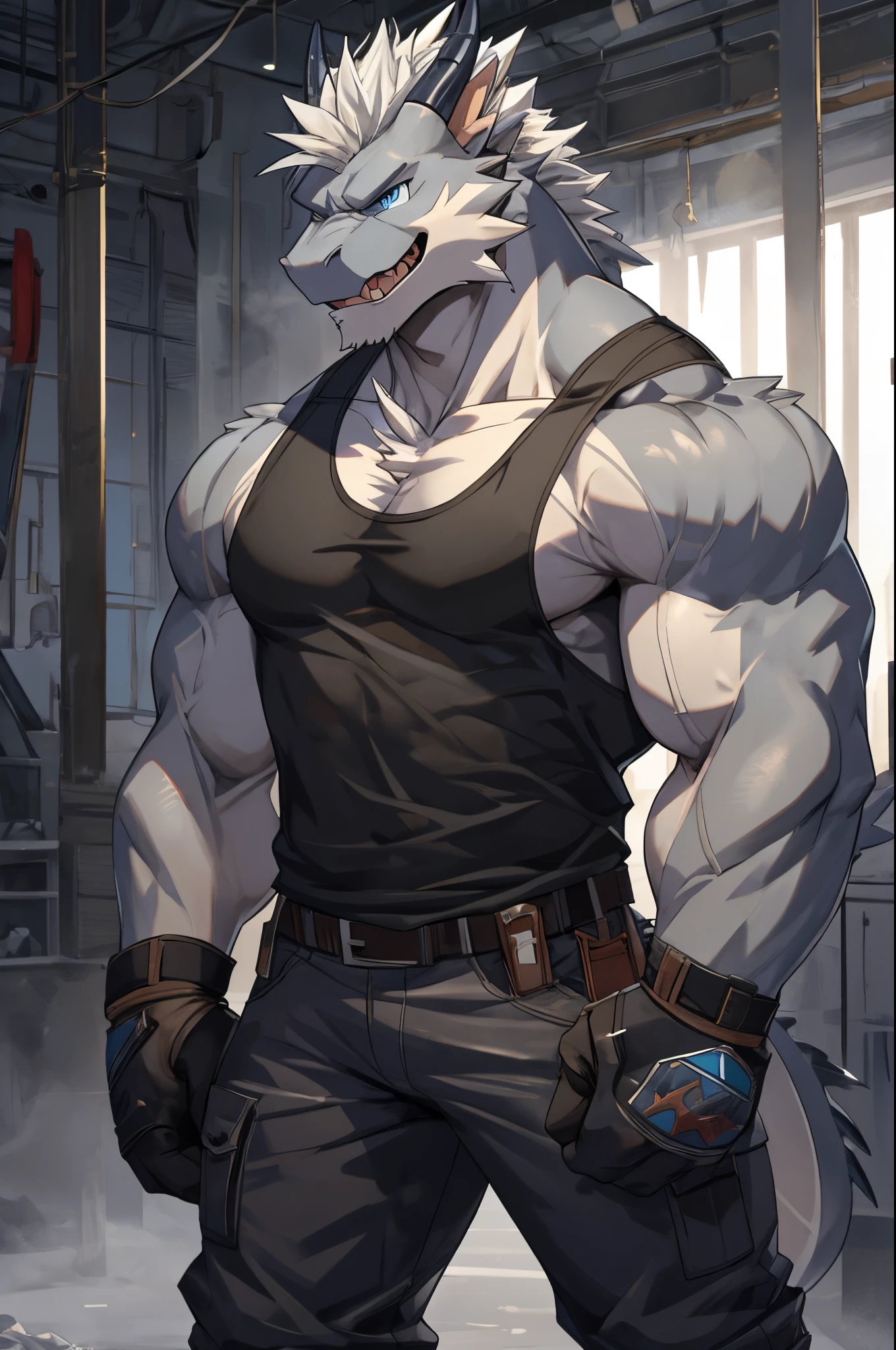 Masterpiece, Solo, Cool Pose, Furry Gray Dragon, Medium Muscular Body, Blue Eyes, Grey Medium Hair, Combat Tank Top, Combat Gloves, Combat Short Pants, Fierce, Manly, Veins, Charming, Joy Expression, Good looking
