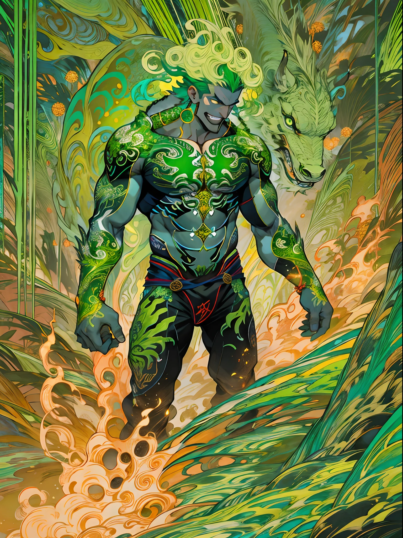 un primer plano de un hombre con fuego verde en la cabeza y torso, humano resplandeciente, Como se ilustra en Top Cow Comics, Brillando en poder, Sosteniendo fuego verde, Hoja de alma verde brillante,esqueleto,esqueleto humano,huesesos,deretirse,nuclear,(1hombre)