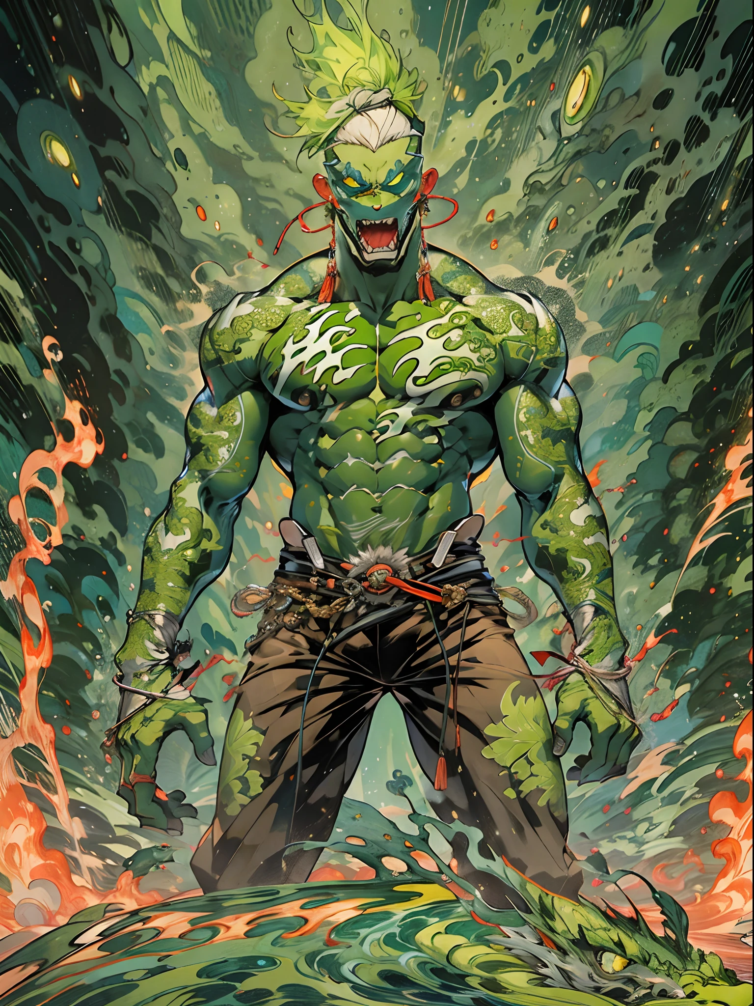 un primer plano de un hombre con fuego verde en la cabeza y torso, humano resplandeciente, Como se ilustra en Top Cow Comics, Brillando en poder, Sosteniendo fuego verde, Hoja de alma verde brillante,esqueleto,esqueleto humano,huesesos,deretirse,nuclear,(1hombre)