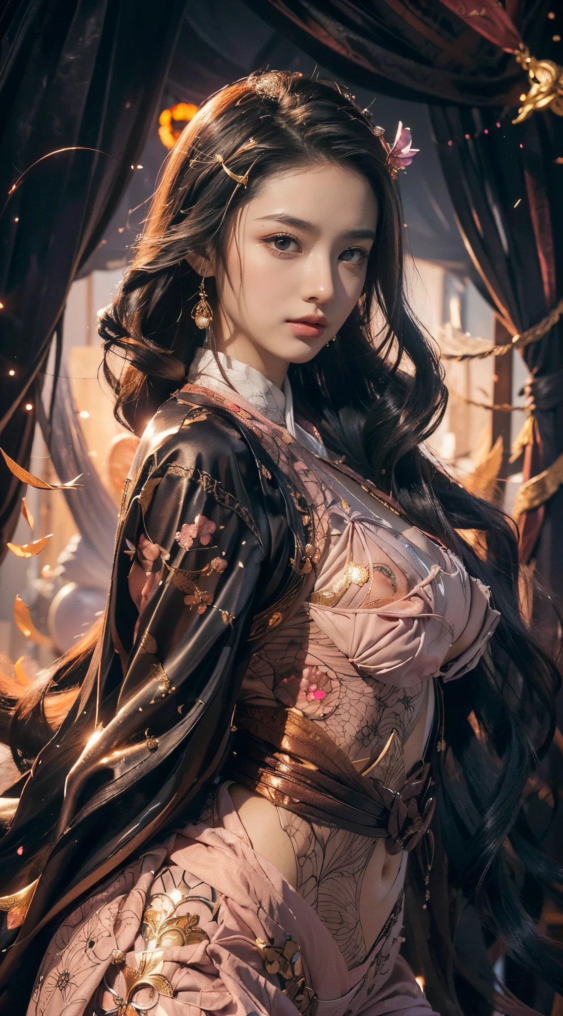 (Numerous award-winning masterpieces, with incredible details), ((Extremely beautifull 16 years young girl's small face)), (extremely detailed realistic 16 years old face features), (16 years girl's face), (beutiful eyes), ((finely detailed true circle Symmetrical grey purple eyes)), (She has a meloncholic face), (A majestic sight), (very long dark black hair that faids to dark orange: 1.7), (dark pink fantasy celestial outfit decorated with gold and japanese jewelry: 1.7), gracefull sight, dark pink colored hair accesory, soft expression, deep eyes expression, (big brests: 1.8), anatomic, small wraist with big hips, sexy