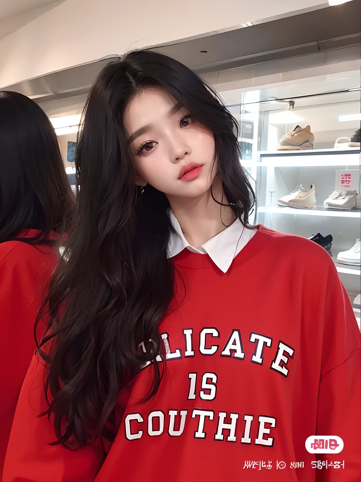 a closeup of a person wearing a red sweater and a white shirt, ulzzang, Ella lleva ropa de calle, Bae Suzy, Blackpink Jennie, pelo largo y camisa roja, chica atractiva, Hermosa mujer surcoreana, Chica coreana, Mujer en streetwear, Hermosa joven coreana, Modelo de moda femenina coreana, Vestido con ropa larga y fluida, Lindo streetwear casual