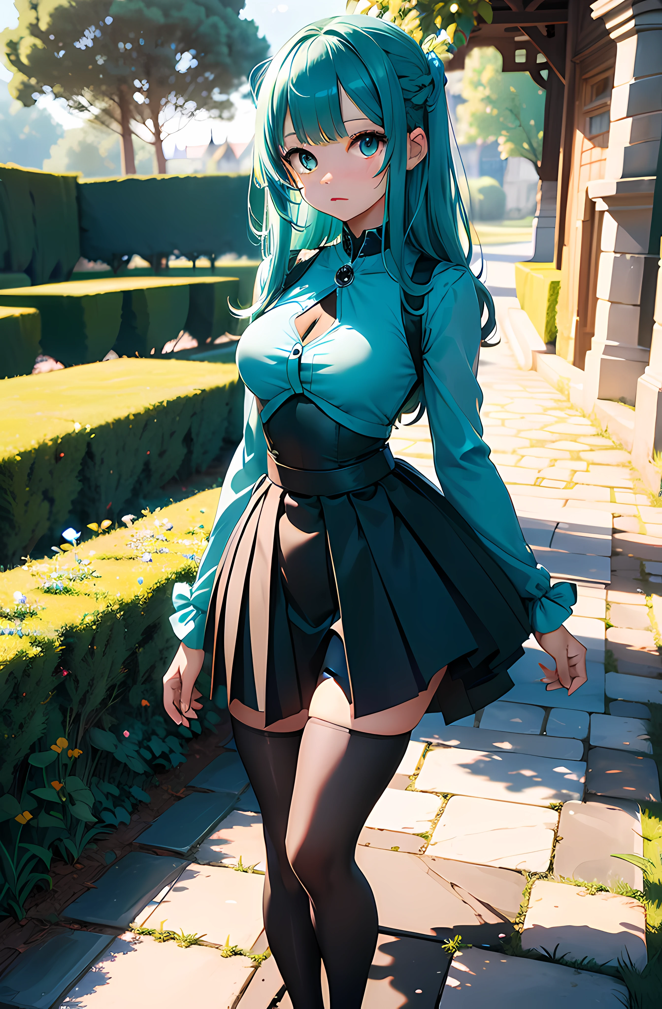 (Best quality), (masterpiece), (ultra detail), A cute human girl with fairy wings, highly detailed face, indifferent facial expression, teal crystal eyes, turquoise hair, full body, in the country side castle in England like , absurdres, highres, highly detailed, (official art, beautiful and aesthetic:1.2), ultra detail, beautiful face, ((mature female)), black hairband, blue hair, hair ornament, hairband, short hair, yellow eyes, blushing, loving smile, wide hips, thicc thighs, ((cleavage)), ((long sleeve white blouse)) with ((high waist skirt)), suspenders, ((black stockings)), ((seductive pose)), (apartment balcony), dynamic lighting, dynamic shadows, ((proportional body)), ((leaning against the wall))
