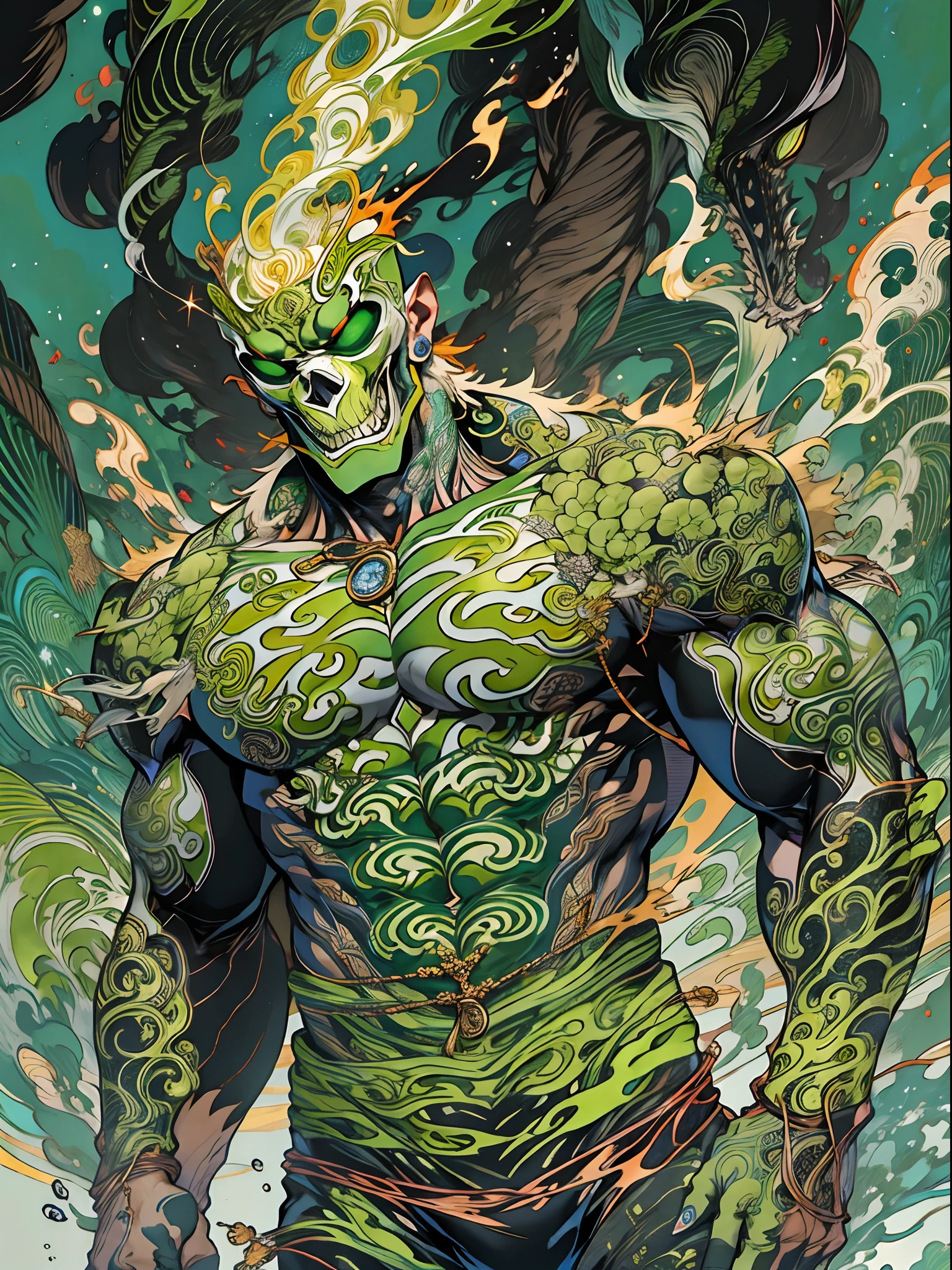 un primer plano de un hombre con fuego verde en la cabeza y torso, humano resplandeciente, Como se ilustra en Top Cow Comics, Brillando en poder, Sosteniendo fuego verde, Hoja de alma verde brillante,esqueleto,esqueleto humano,huesesos,deretirse,nuclear,(1hombre)