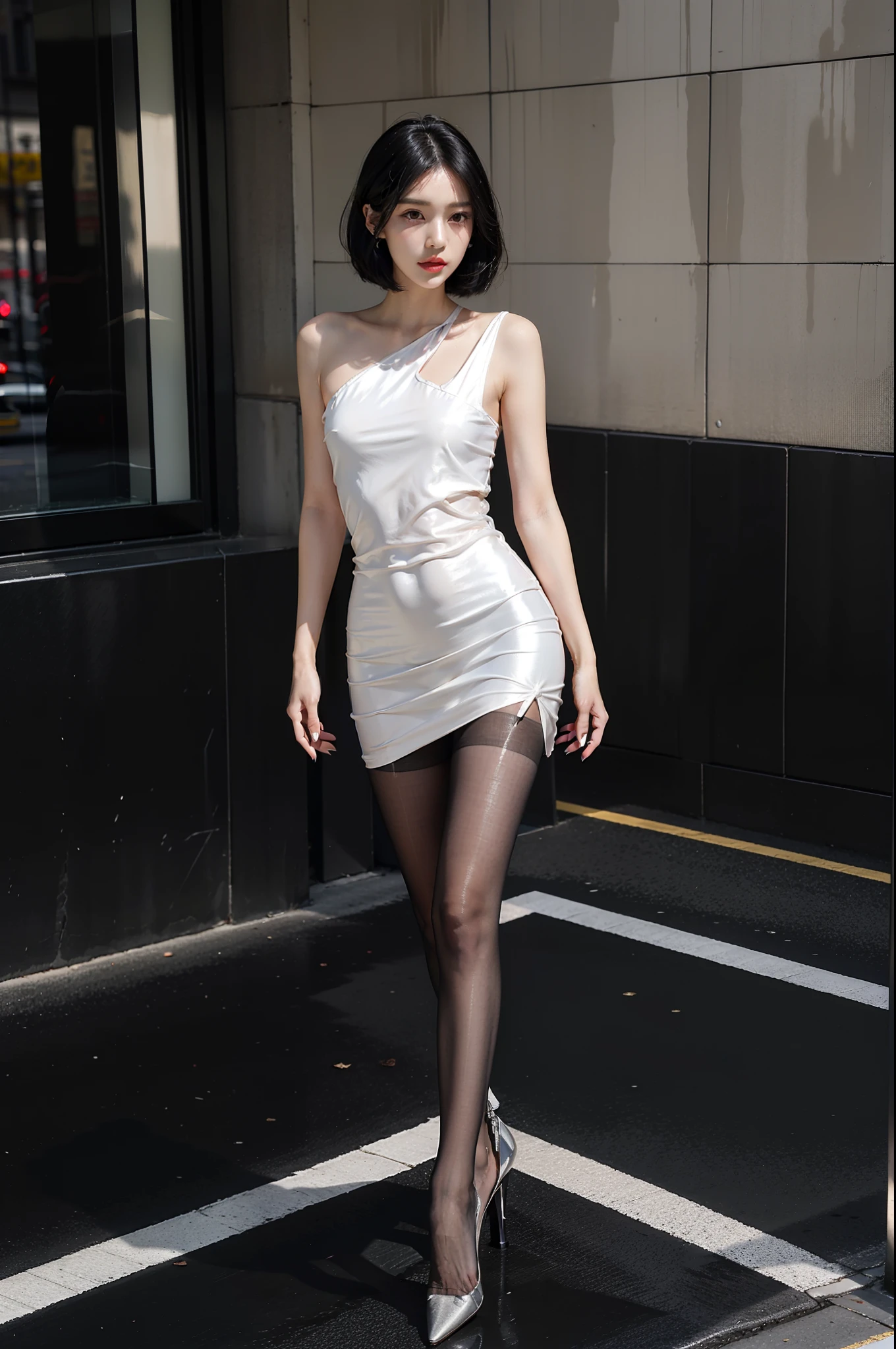 shoulder length straight black bob hair,Heavy makeup,Stiletto pointed toe heels,Transparent colorless flesh silk pantyhose,ear studs,Long legs,8K,On the street,In the daytime,Sexy clothes,small face,small head,small breasts,slim,thin
