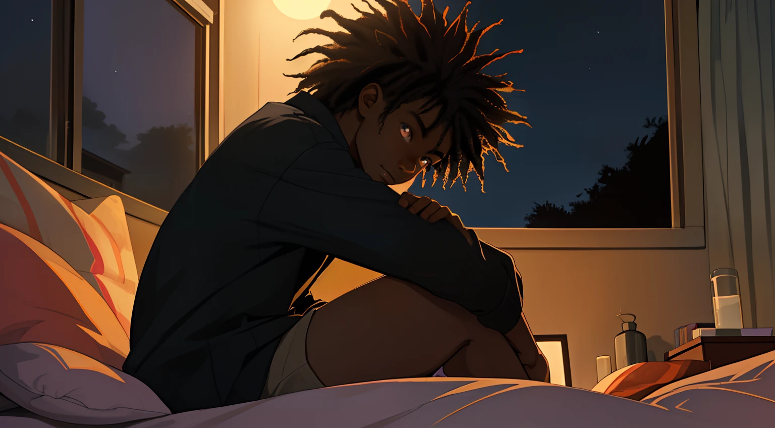 Close-up of a black boy looking out his bedroom window at night, sitting on the bed, African hair