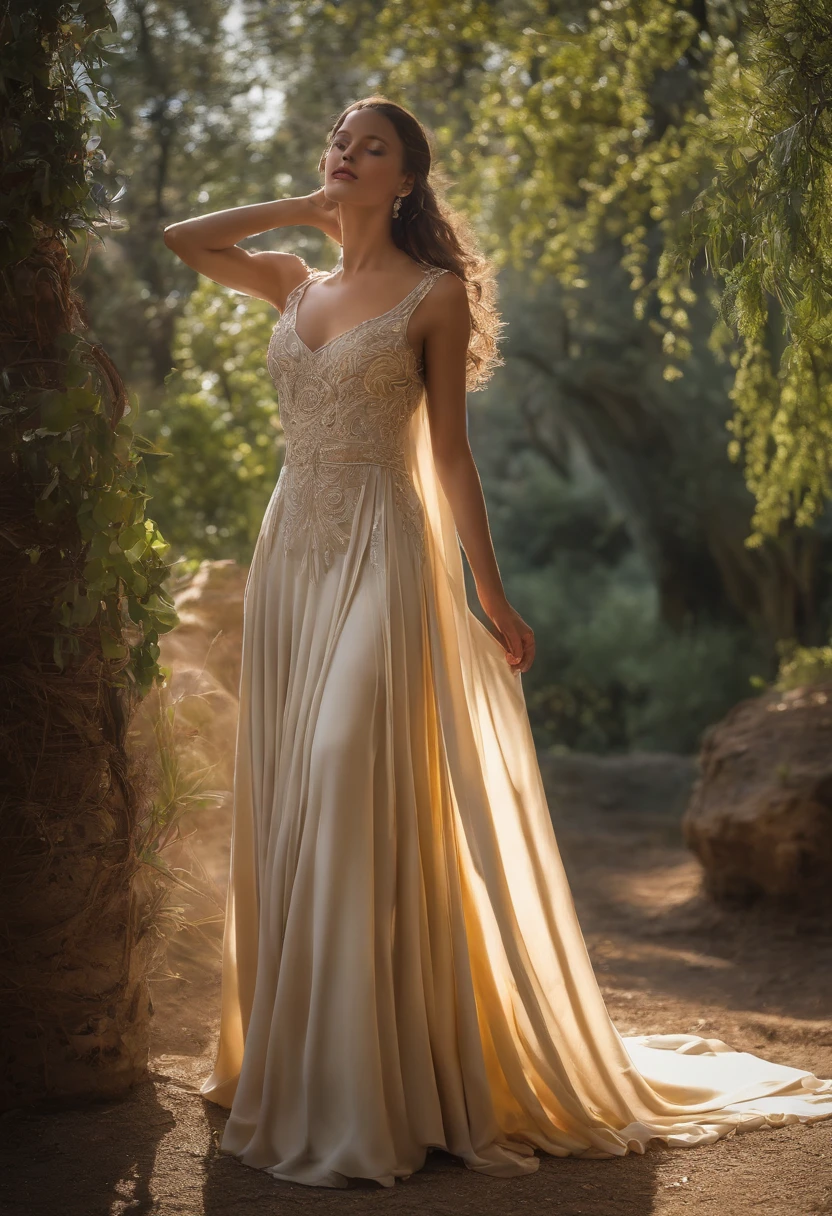 Arad mujer vestida de pie en el campo，Llevar un vestido largo y fluido, vestido flotante, Flowinggown, Marc Adamus, Impresionante pose elegante, Hermosa tela fluida, Ethereal Beauty, usar vestido fluido, tela fluida, fine art fashion photography, Dramatic and elegant pose, cinematic goddess shot, Ethereal backlight, Bathed in a golden glow, envuelto en tela fluida，The sky is cloudy, Campo con hermosas flores (Escote de primer plano), meditar, Zazen, Un meditativo (Pintura de paisaje chino), (pintura a tinta y acuarela), (Fondo de pantalla de 8k), (Efecto de luces y sombras), Renderizado por Octane, White balance design, Extremely detailed image rendering, wide angles, Profundidad de campos, Obra maestra, realista, bellamente retratado, Un detallado, preciso, Obras maestras, obra maestra"