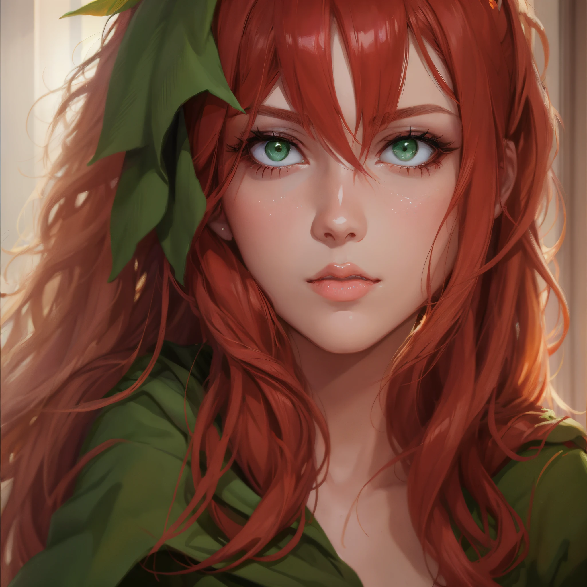Anime girl with red hair and green eyes with leaves on her head, Extrem detaillierter Artgerm, Artgerm Portrait, Detaillierte digitale Anime-Kunst, Artgerm. Hohe Detailgenauigkeit, ArtGerm auf ArtStation Pixiv, Artgerm. Anime-Illustration, detailed portrait of anime girl, IG-Modell | Artgerm, beautiful anime portrait, gemalt im Anime Painter Studio