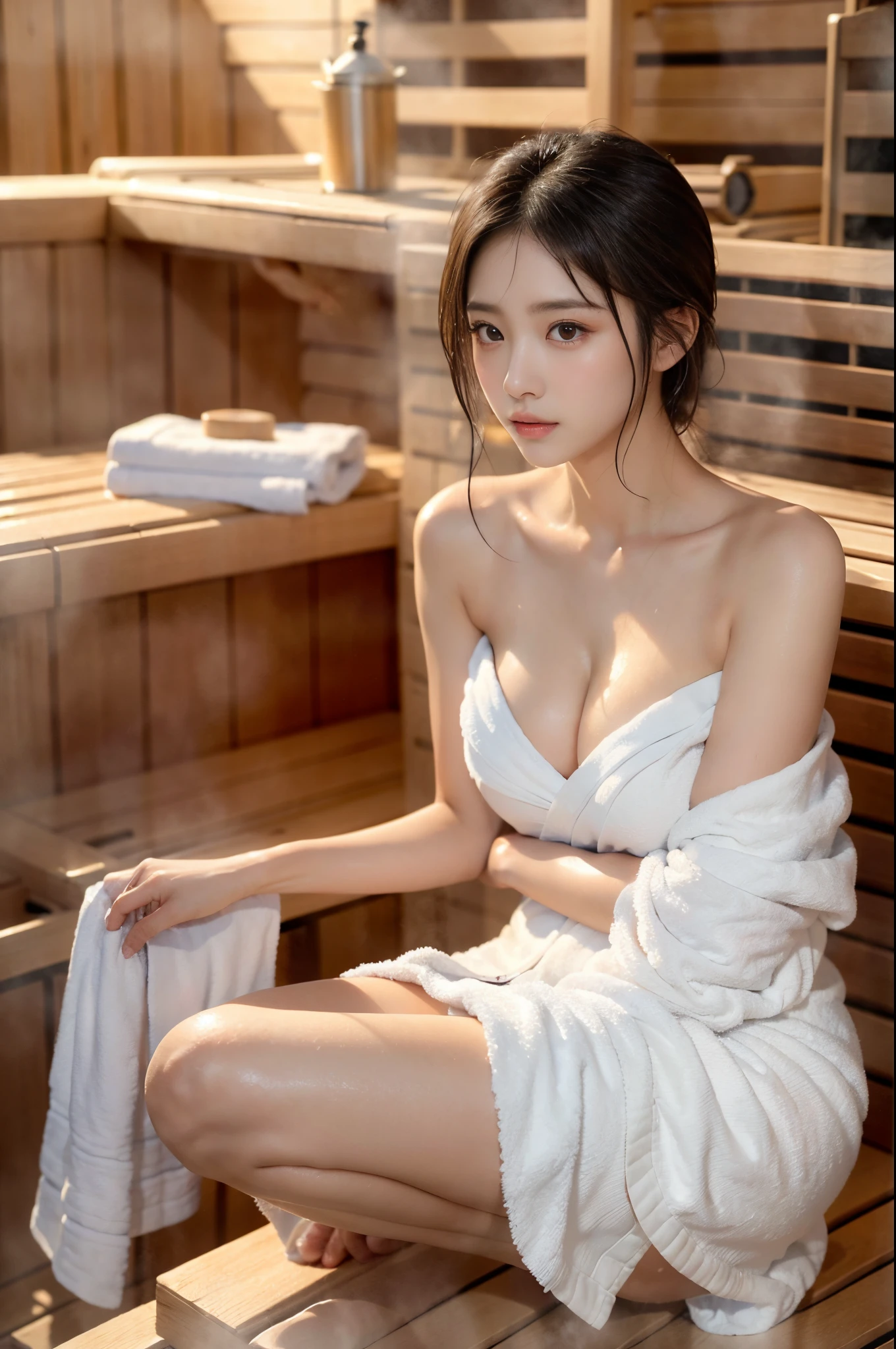 ((top-quality、8k、​masterpiece:1.3))、femele(Full body portrait、frontage、Naked towel、bending forward、cleavage of the breast、inside_sauna:1.6)、Overhead camera、foco nítido:1.2、prety woman:1.4、((shoulder length straight black bob hair))、small breasts,small face,small head,slim,thin, Highly detailed face and skin and hair texture、a wet body、wet face、wetting hair、A detailed eye、二重まぶた、de pele branca、beautiful delicate nose、Cute young Japan woman、With dynamic angles、While exuding melancholy emotions characterized by calming tones and contrasting mixes of light and shadow、Subject's hair、The eye、bocchi、While emphasizing the action、pleasing to the eye、It is a thought-provoking composition。A sexy、Girl With Nasty Face、