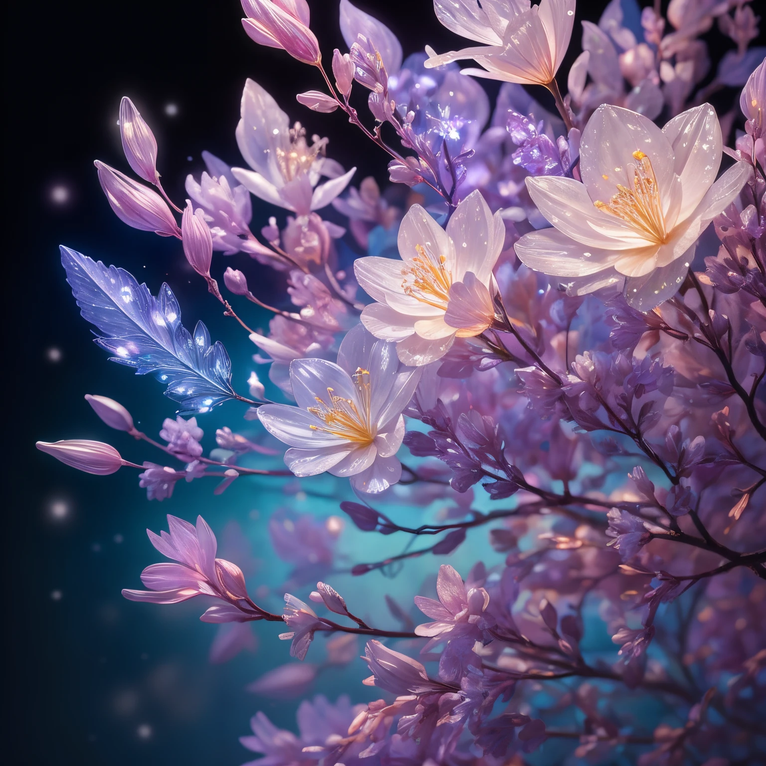 branch of delicate lilac flowers, super transparent, holy light, beautiful spectral light, petals glow, flashing, dark background, drops of transparent light, reflective light, bright, light streaming in, optics, portrait profile, sharp focus, magical, intricate, ultra realistic, fantasy, composition, light, trend on artstation, pearl, patronus cloud of silvery vapor, corrosive enveloping ray family, 8k, ureal ar 23v4 uplight