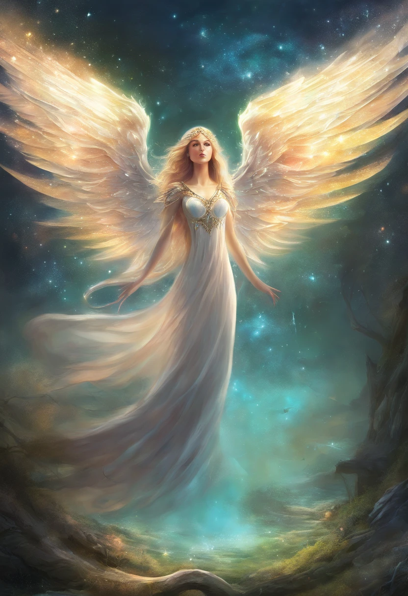 Britney Spears with angel wing, in a gorgeous white dress, sitting on a ledge, against the background of yellow and blue lights, rain, bokeh ((masterpiece, best quality)), high detail, detailed face, blood particles, full body, (8k)