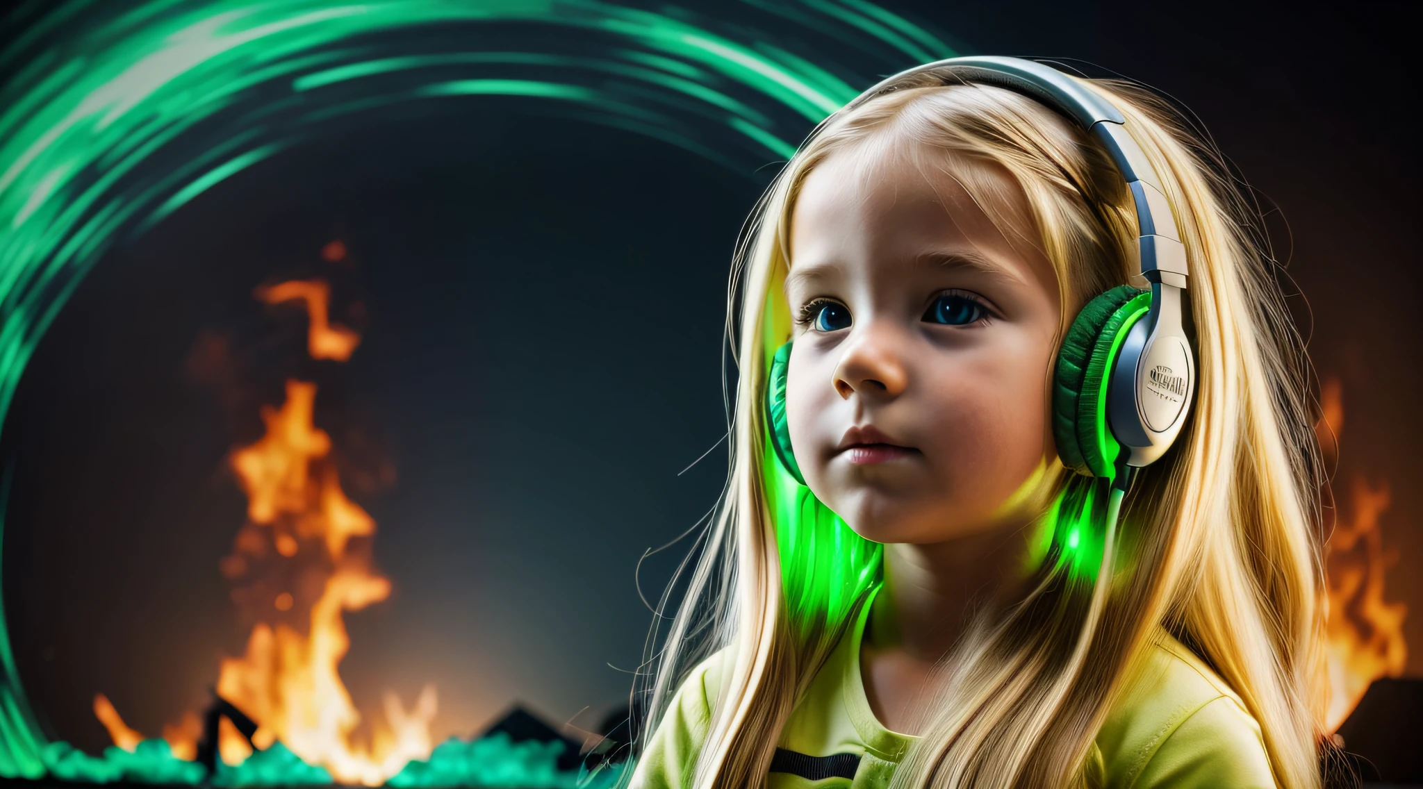 image of a CHILD girl BLONDE long hair with headphones and GREEN , nuclear explosion, fire, fogo, GREEN, VERDE. nuclear box.