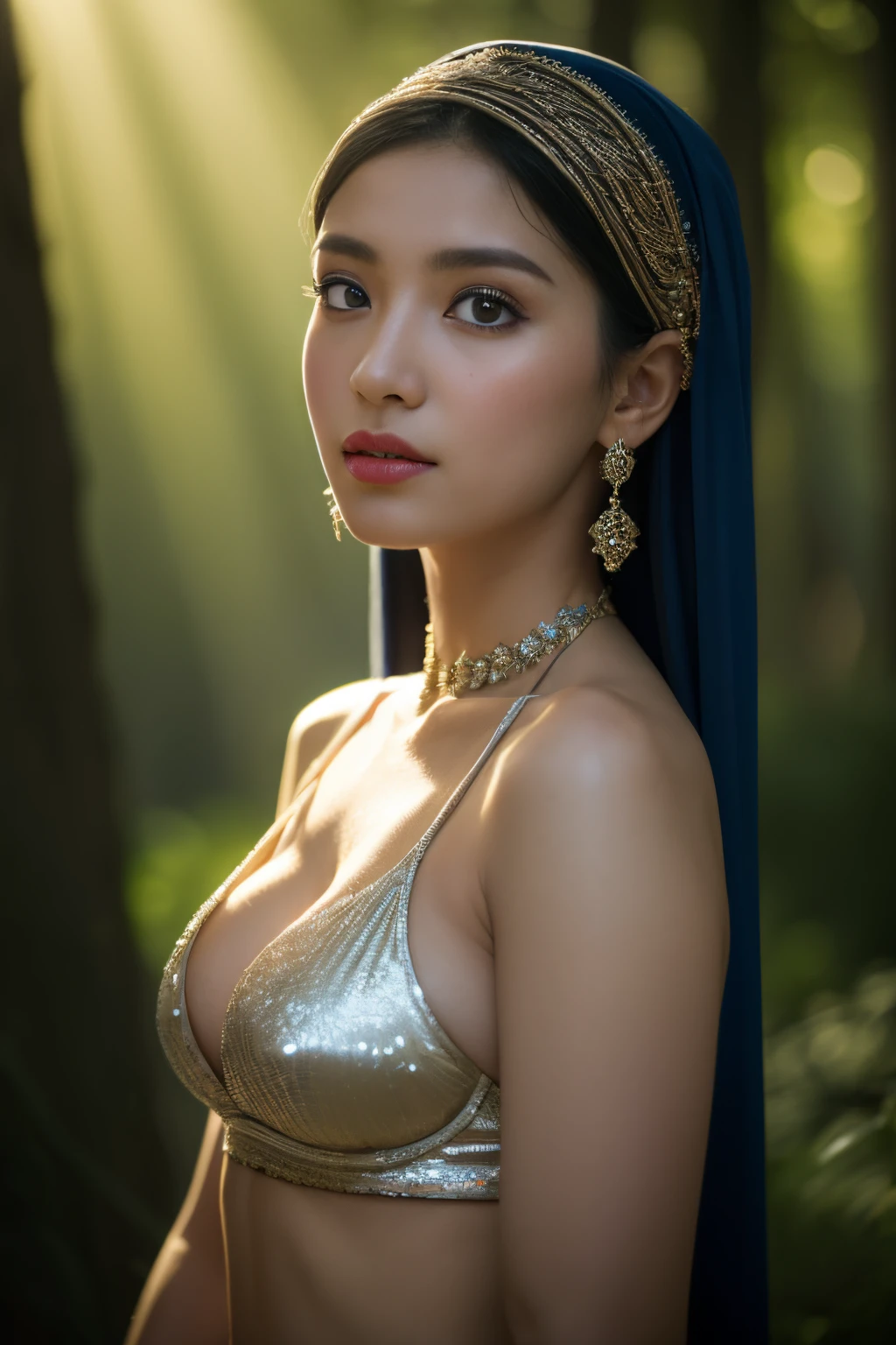 forest, bellydancer, javanese, hijabi, cleavage, reflection light, chiaroscuro, depth of field, cinematic lighting, ray tracing, Sony FE GM, UHD, super detail, masterpiece, textured skin, high details, best quality, award winning,3D,hdr(HighDynamicRange),Ray traching,NVIDIA RTX,Hyper-Resolution,Unreal 5,Subsurface scattering、PBR Texture、post-proces、Anisotropy Filtering、depth of fields、maximum definition and sharpness、Many-Layer Textures、Albedo e mapas Speculares、Surface coloring、Accurate simulation octane rendering of light-material interactions、Two-colored light、largeaperture、Low ISO、White balance、the rule of thirds、8K raw data
