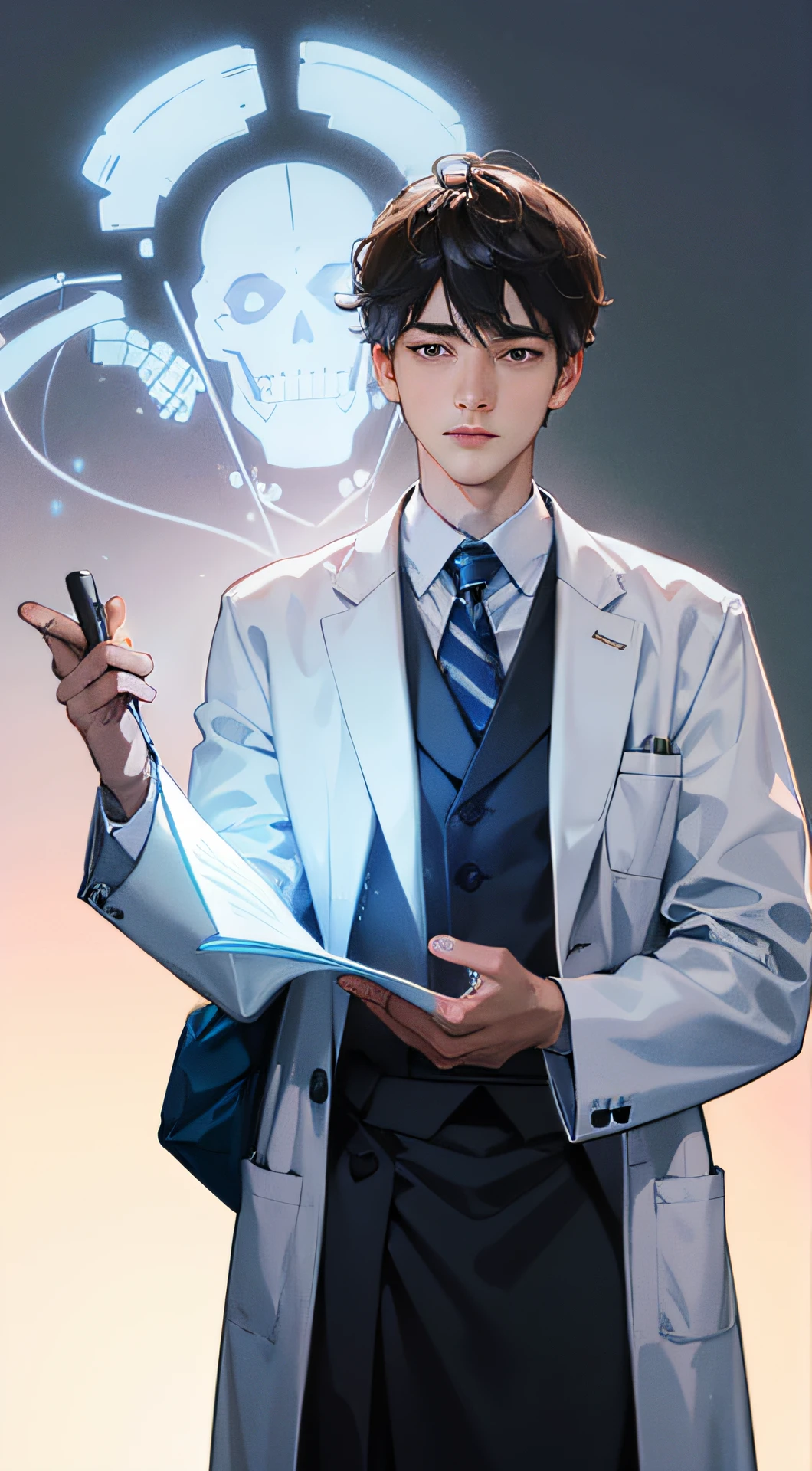 man, medical student looking at a backlit x-ray wearing a gown, en fondo blanco, without looking at the camera, hombre, cabello blanco, anime