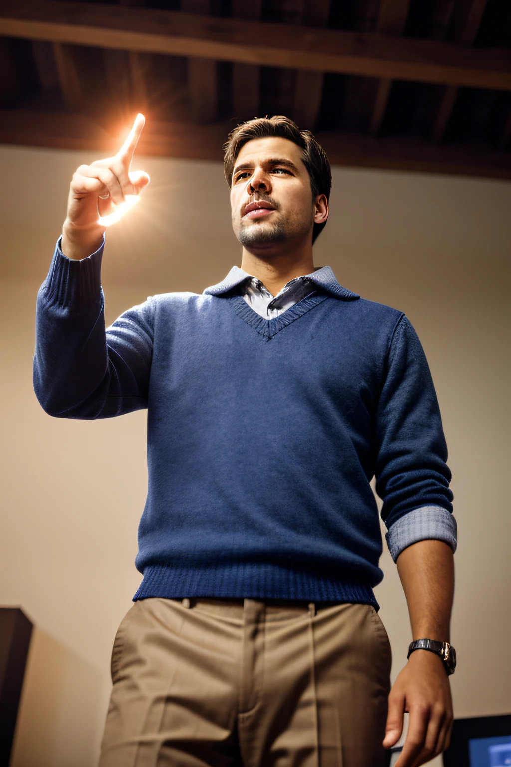 a man's hand with the index finger pointing at something above him