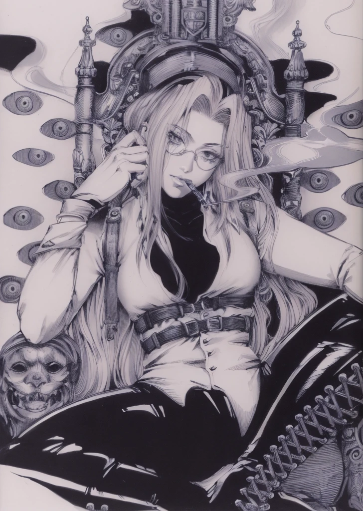 a drawing of a woman sitting on a chair with a cigarette in her mouth, style of yoshitaka amano, inspired by Yoshitaka Amano, inspired by Masamune Shirow, shohei otomo, hajime sorayama style, inspired by amano, pencil and ink manga drawing, bastien yoshitaka amano