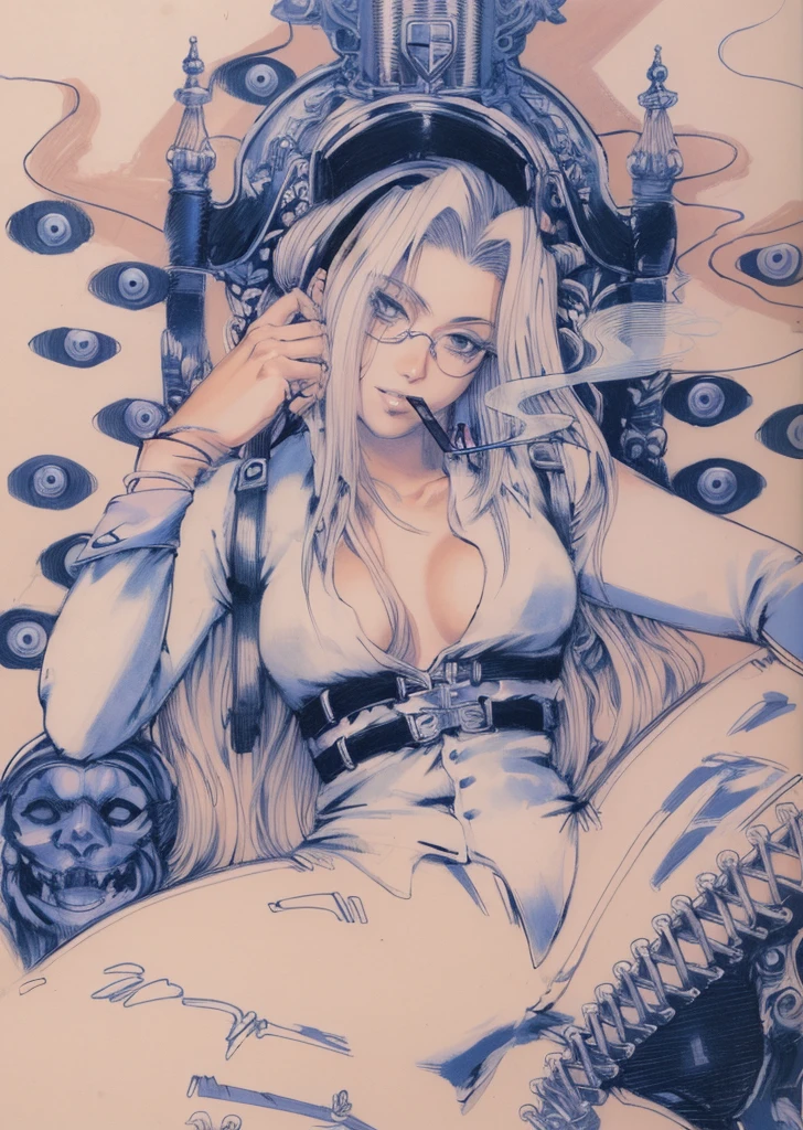 a drawing of a woman sitting on a chair with a cigarette in her mouth, style of yoshitaka amano, inspired by Yoshitaka Amano, inspired by Masamune Shirow, shohei otomo, hajime sorayama style, inspired by amano, pencil and ink manga drawing, bastien yoshitaka amano
