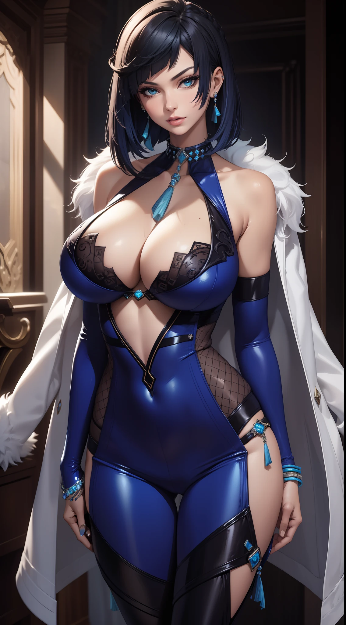 Best quality, masterpiece, realistic, Beautiful sexy cool tall, slim, fit woman, wearing sexy short fancy silver-blue sequin party top and tight pants, intricate and highly detailed, big breasts, deep cleavage, bob black hair, body chain, jewelry.