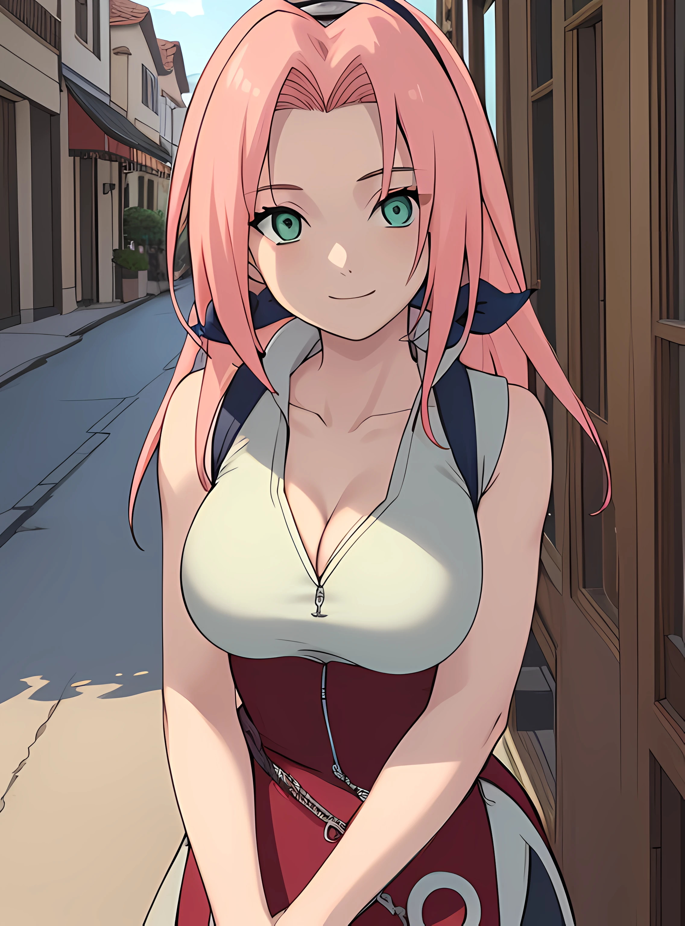 (best quality, ultra-detailed, best illustration, best shadow, masterpiece, high res, professional artwork, famous artwork), (1girl, solo), haruno sakura, pink hair, green eyes, adult, large breasts, tall, outside, bright sky, smile, high-waist skirt, biceps, small town, sleeveless, ((cleavage)),