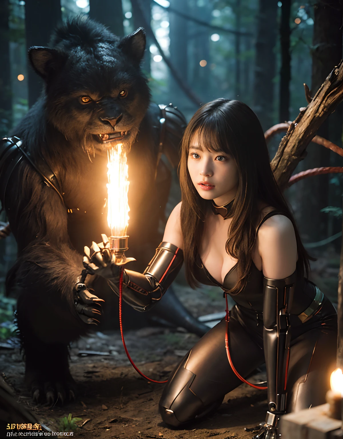 (1 Mechanical Girl)、top-quality、masterpiece、超A high resolution、(Photorealsitic:1.4)、Raw photo、1人、Fight mutants、glowy skin、(((1 Mechanical Girl)))、With a beautiful knife、(Red Metal Bodysuit)、(Fight goblings、ogre、Fierce battle with orcs),(Fight fiercely against aliens)、Fight fiercely、(beautiful forest background)、(Fighting Demonic Beasts)、(Small LED)、((super realistic details))、portlate、(Strong giant demon beast background),globalillumination、Shadow、octan render、8K、ultrasharp、Colossal tits、Raw skin is exposed in cleavage、metals、Details of complex ornaments、Japan details、highly intricate detail、Realistic light、(Mystical expression),CGSoation Trends、Blue eyes、radiant eyes、Facing the camera、neon details、(Mechanical limbs)、(blood vessels connected to tubes)、(Wires and cables connecting to the head)、Small LED、,Mechanical thighs、Toostock、(Hands are also made of machines)、(Attack of the Monster Beasts)、