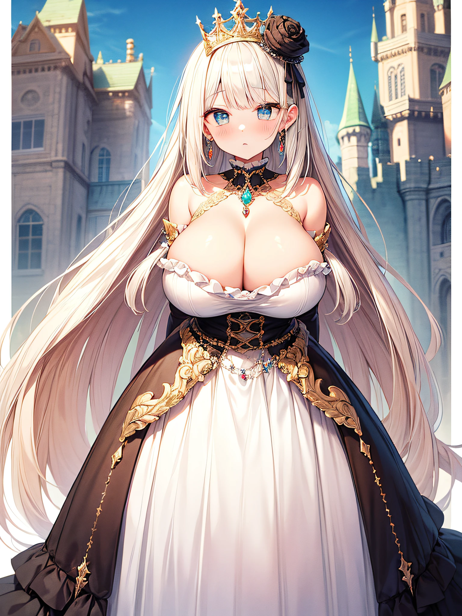 anime artstyle,Masterpiece,(Best Quality), (Super Detail),(Very Delicate and Beautiful),(Solo),((full body portrait)),full body,full body portrait,(detailed face and eyes),jewel-like beautiful eyes,((frilled chiffon ballgown)),((1 princess in a beautiful embroidery and jeweled gorgeous rococo princess ballgown with voluminous full length hoop skirt)),((fantasy castle,outdoors,outside the castle)),((Crinoline)),super detailed gorgeous princess ballgown with frilled voluminous full length hoop skirt,((large amount of straight hair,extremely voluminous Very Long straight Hair,Absolutely Long Straight Hair)),(gigantic boobs),cleavage,long_gloves,extremely gorgeousfull hair ornament,bling-bling extremely gorgeousfull jeweled tiara,((luxurious jewelry)),full body portrait