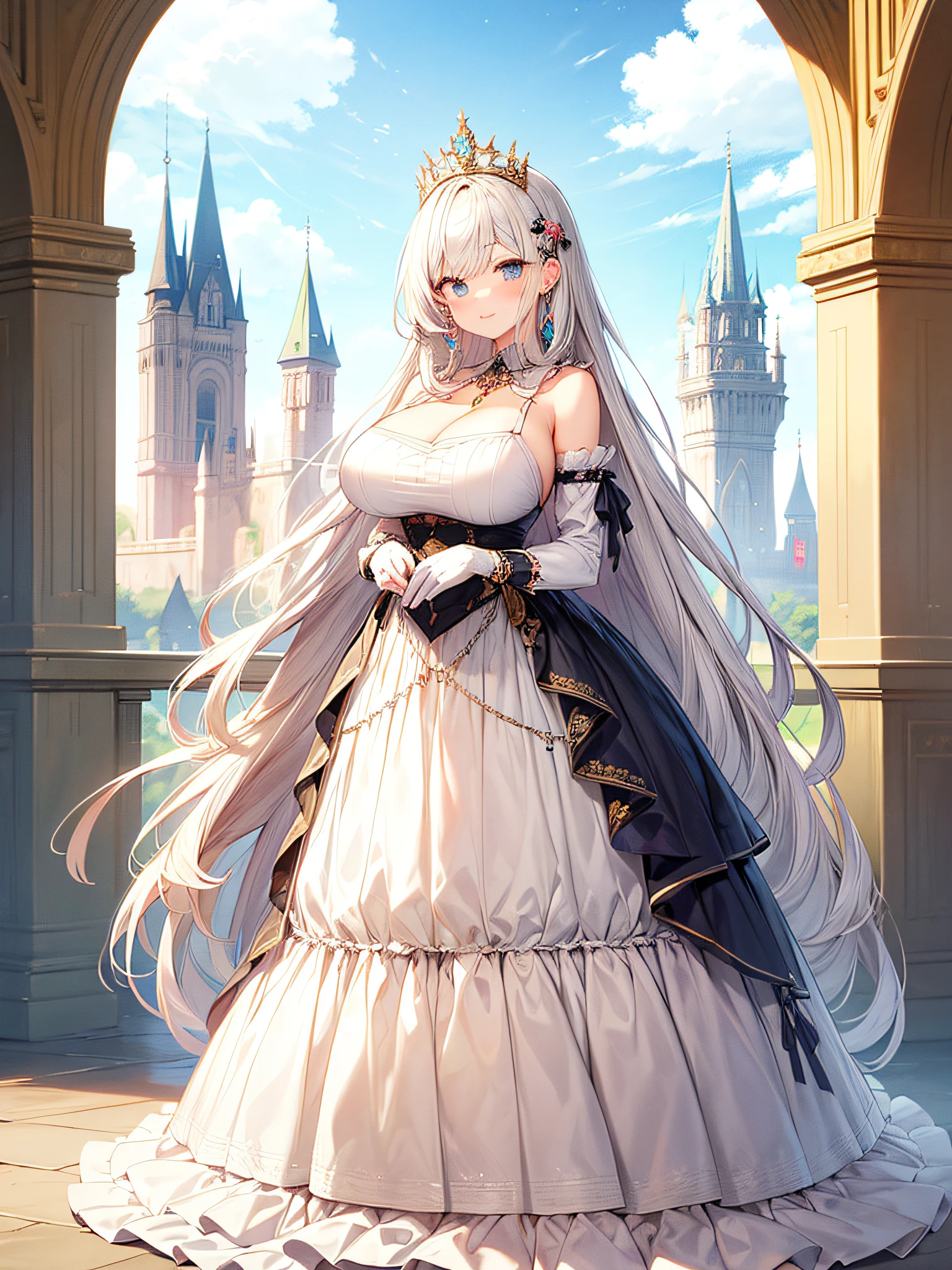 anime artstyle,Masterpiece,(Best Quality), (Super Detail),(Very Delicate and Beautiful),(Solo),((full body portrait)),full body,full body portrait,(detailed face and eyes),jewel-like beautiful eyes,((frilled chiffon ballgown)),((1 princess in a beautiful embroidery and jeweled gorgeous rococo princess ballgown with voluminous full length hoop skirt)),((fantasy castle,outdoors,outside the castle)),((Crinoline)),super detailed gorgeous princess ballgown with frilled voluminous full length hoop skirt,((large amount of straight hair,extremely voluminous Very Long straight Hair,Absolutely Long Straight Hair)),(gigantic boobs),cleavage,long_gloves,extremely gorgeousfull hair ornament,bling-bling extremely gorgeousfull jeweled tiara,((luxurious jewelry)),full body portrait