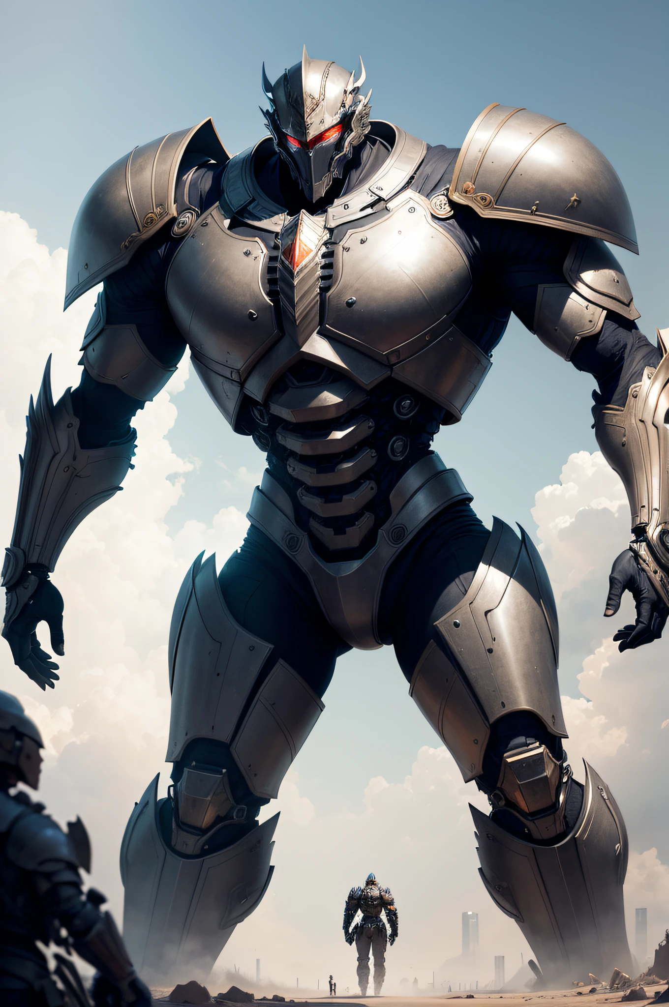 A man in stylish armor fights against the magnificent biomechanical giant titans., It's very detailed and textured. Il ya un décors futuriste et post apocalyptique. La galaxy est visible derriere